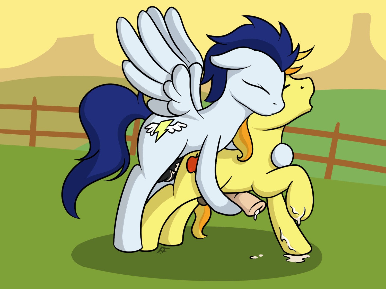 2012 4:3 anal anal_penetration blonde_hair blue_body blue_feathers blue_fur blue_hair bodily_fluids braeburn_(mlp) cum cum_while_penetrated cutie_mark digital_media_(artwork) duo e621 earth_pony equid equine erection eyes_closed fearingfun feathered_wings feathers fence feral friendship_is_magic from_behind_position fur genital_fluids genitals hair hasbro hi_res horse male male/male male_penetrated male_penetrating male_penetrating_male mammal my_little_pony mythological_creature mythological_equine mythology nude open_mouth outside pegasus penetration penis pony reach_around sex soarin_(mlp) tail wings wonderbolts_(mlp) yellow_body yellow_fur