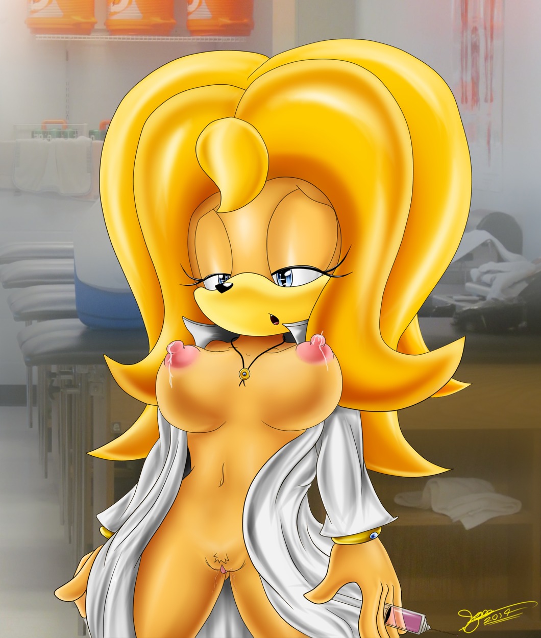 2014 anthro big_breasts bigdon1992 biped blue_eyes blush bodily_fluids breasts clothed clothing doctor e621 echidna fan_character female front_view fur genitals hair hi_res jessica_(bigdon1992) lactating mammal medical_instrument medical_syringe milk monotreme nipples nude open_mouth partially_clothed scientific_instrument sega signature solo sonic_the_hedgehog_(series) standing syringe vulva yellow_body yellow_fur