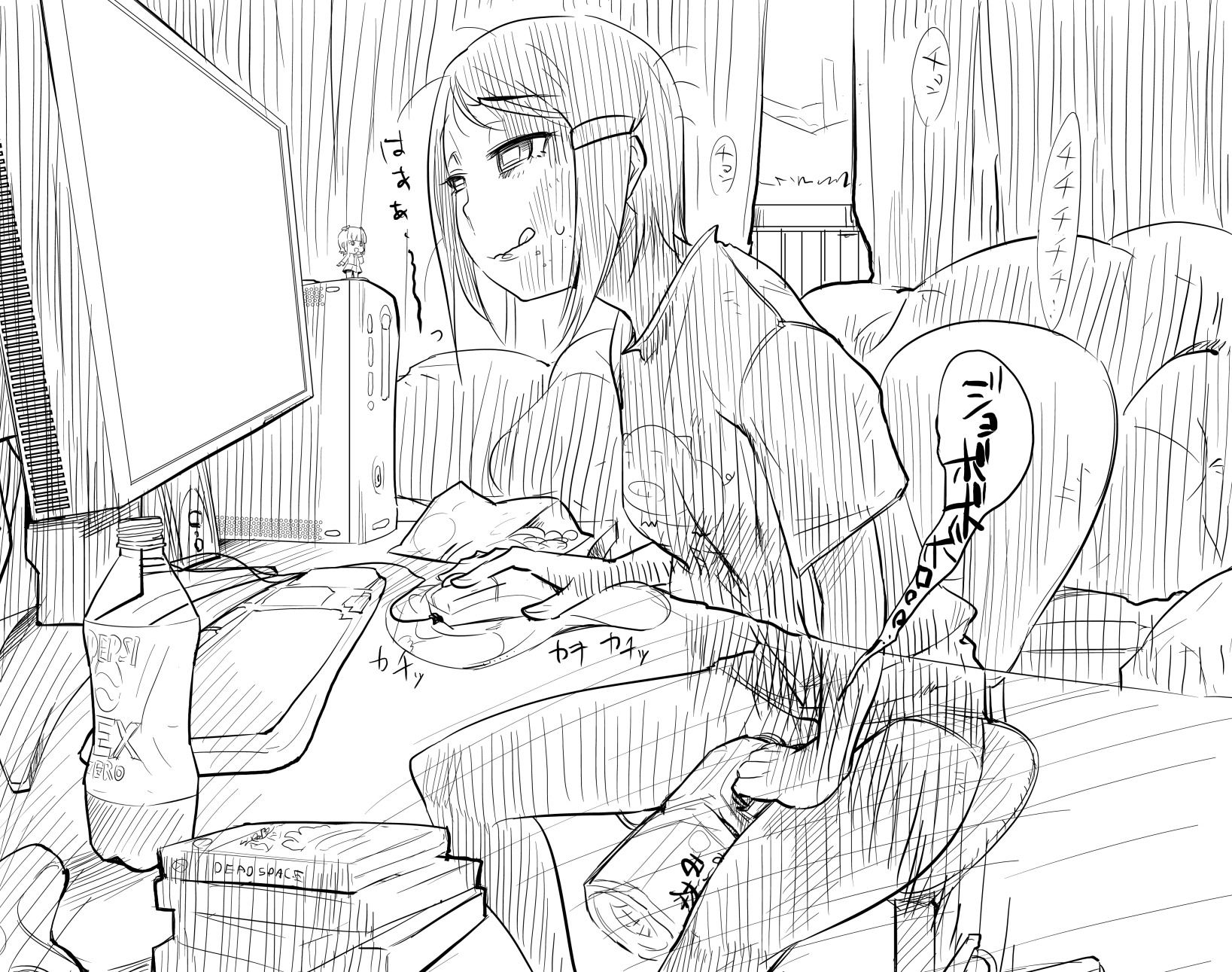 amami_haruka bottle computer eri_mizutani female flat_chest idolmaster keyboard microsoft monochrome peeing pepsi poopsock rule34 screen sitting sketch soda translation_request xbox xbox_360