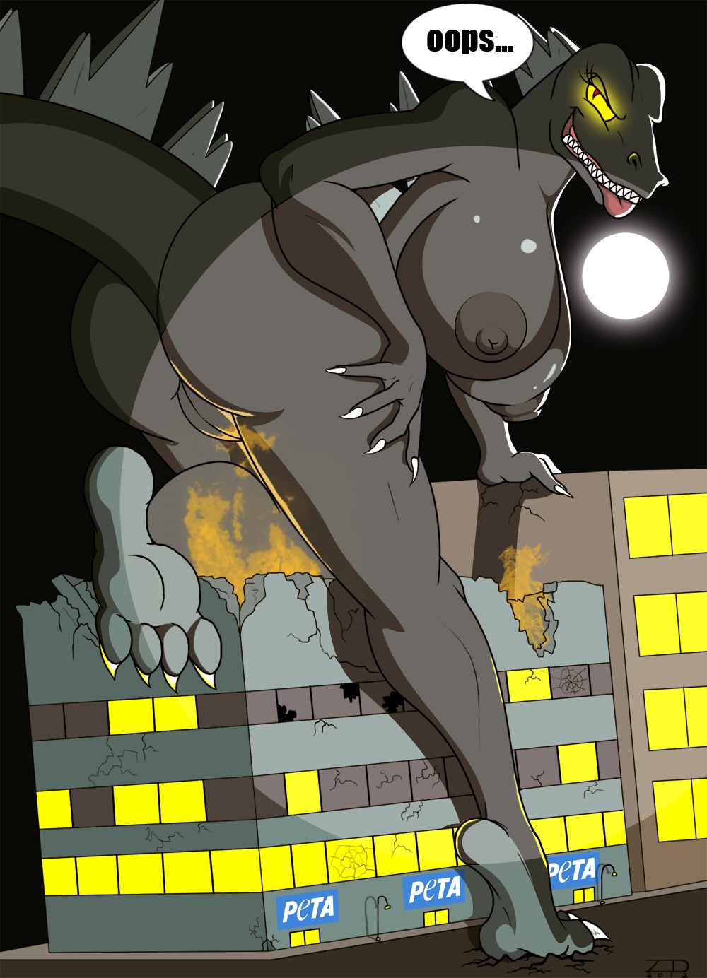 2012 4_toes anthro big_breasts big_butt biped breasts building burning_building butt city claws colored conditional_dnp crossgender destruction digital_media_(artwork) e621 english_text feet female female_anthro fire genitals godzilla godzilla_(series) grin hi_res hindpaw huge_breasts kaiju looking_at_viewer macro macro_anthro macro_female moon mtf_crossgender night nipples nude outdoor_nudity outside paws peta sharp_teeth smile soles solo spotlight tail teeth text toe_claws toes toho vulva yellow_eyes zp92