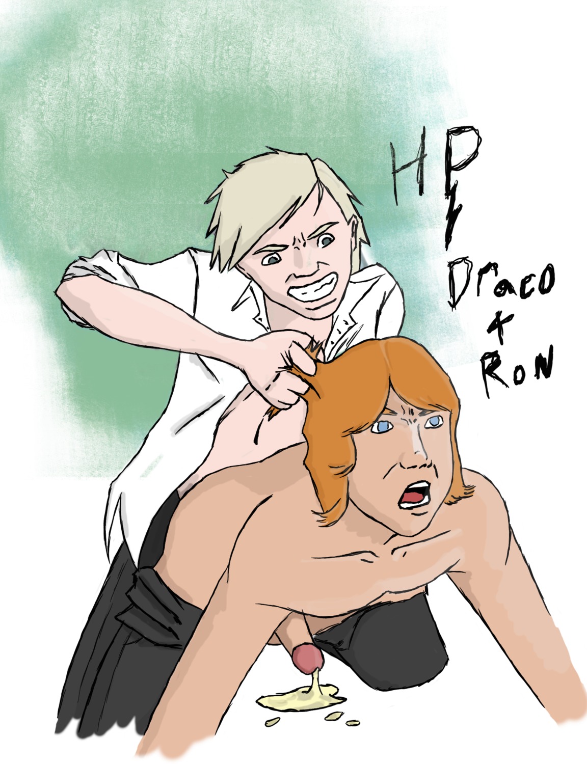 2boys anal anal_penetration anal_rape anal_sex angry_sex blue_eyes clenched_teeth cum_while_penetrated draco_malfoy erection gay ginger_hair green_background grey_eyes gryffindor hair_pull harry_potter male male_only mouth_open multiple_males open_shirt pained_expression pants_down penis platinum_blonde_hair ron_weasley rule34 slytherin tagme text topless two-tone_background white_background yaoi