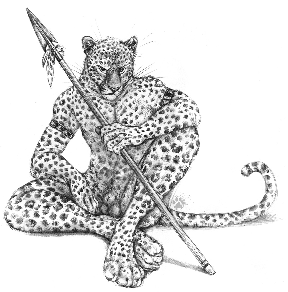 2012 animal_genitalia anthro armband balls biped blotch e621 feathers feet felid fully_sheathed genitals hand_on_leg hi_res hindpaw holding_object holding_weapon jaguar looking_at_viewer male mammal melee_weapon monochrome nude pantherine paws polearm scratches_volume_6 sheath simple_background sitting solo spear spots spread_legs spreading tail traditional_media_(artwork) weapon whiskers white_background