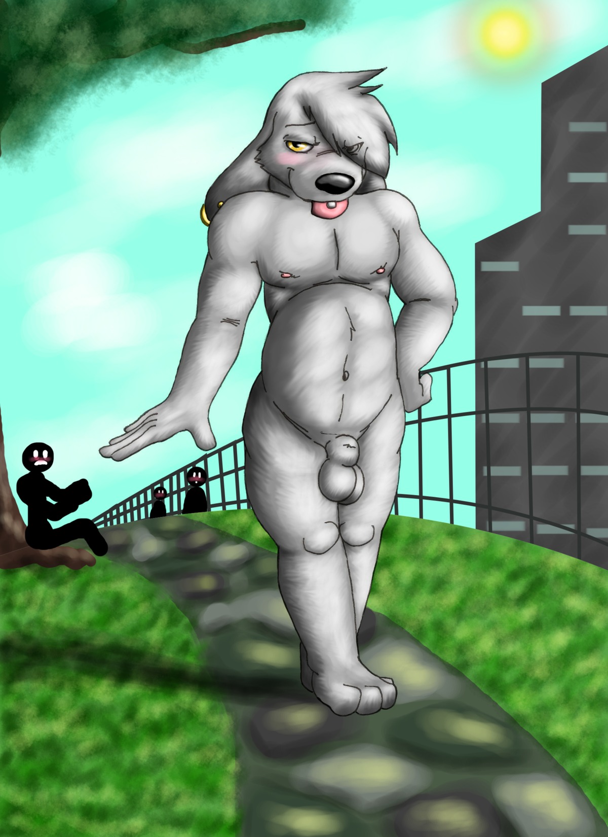 3_toes animal_genitalia anthro balls blush canid canine canis digital_media_(artwork) domestic_dog e621 ear_piercing exhibitionism family_guy feet fully_sheathed fur genitals grass group hi_res jasper_(family_guy) male mammal nude outside park piercing plant public public_nudity sheath solo_focus toes tongue tongue_out tree walking white_body white_fur wolfgerlion64 yellow_eyes