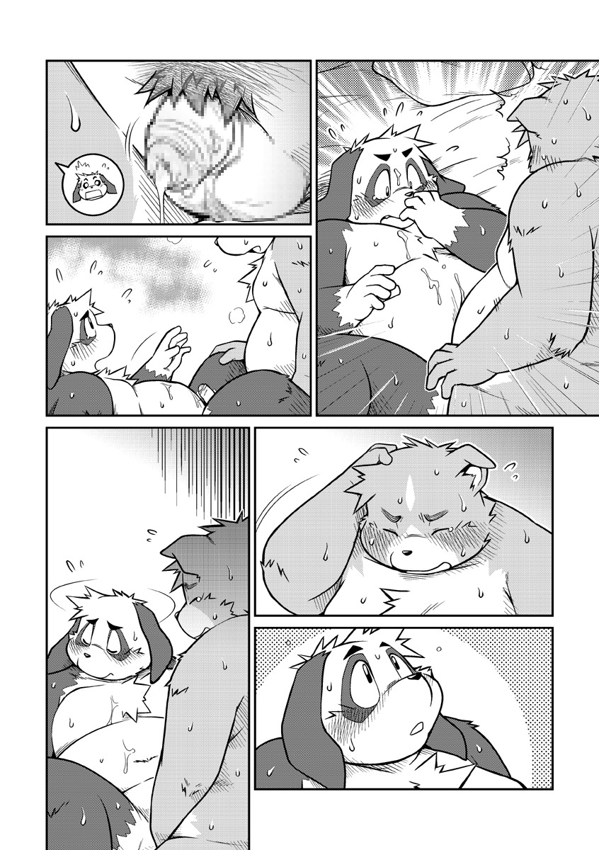 after_sex anthro bear belly bodily_fluids canid canine canis censored comic cum cum_on_chest dialogue domestic_dog duo e621 flaccid genital_fluids genitals greyscale hi_res male male/male mammal monochrome mosaic_censorship multiple_scenes overweight overweight_male penis pictographics small_penis sweat takagi_kyou