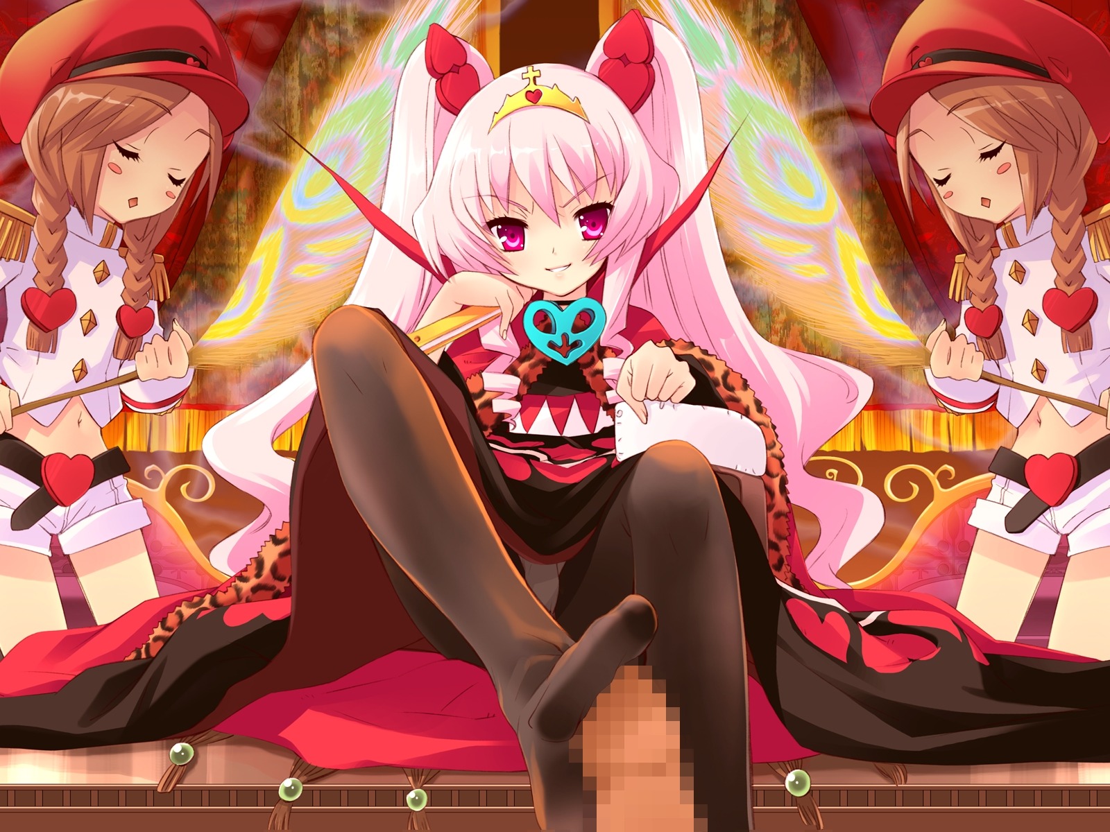 1boy 3girls alice_parade brown_hair censored closed_eyes crown feet female femdom footjob footjob_with_legwear hat highres itou_noiji long_hair male midriff panties pantyhose pantyshot penis pink_hair pov purple_eyes queen_lavinia rouge13_heitaisan rule34 servant shorts straight tied_hair twin_braids twintails
