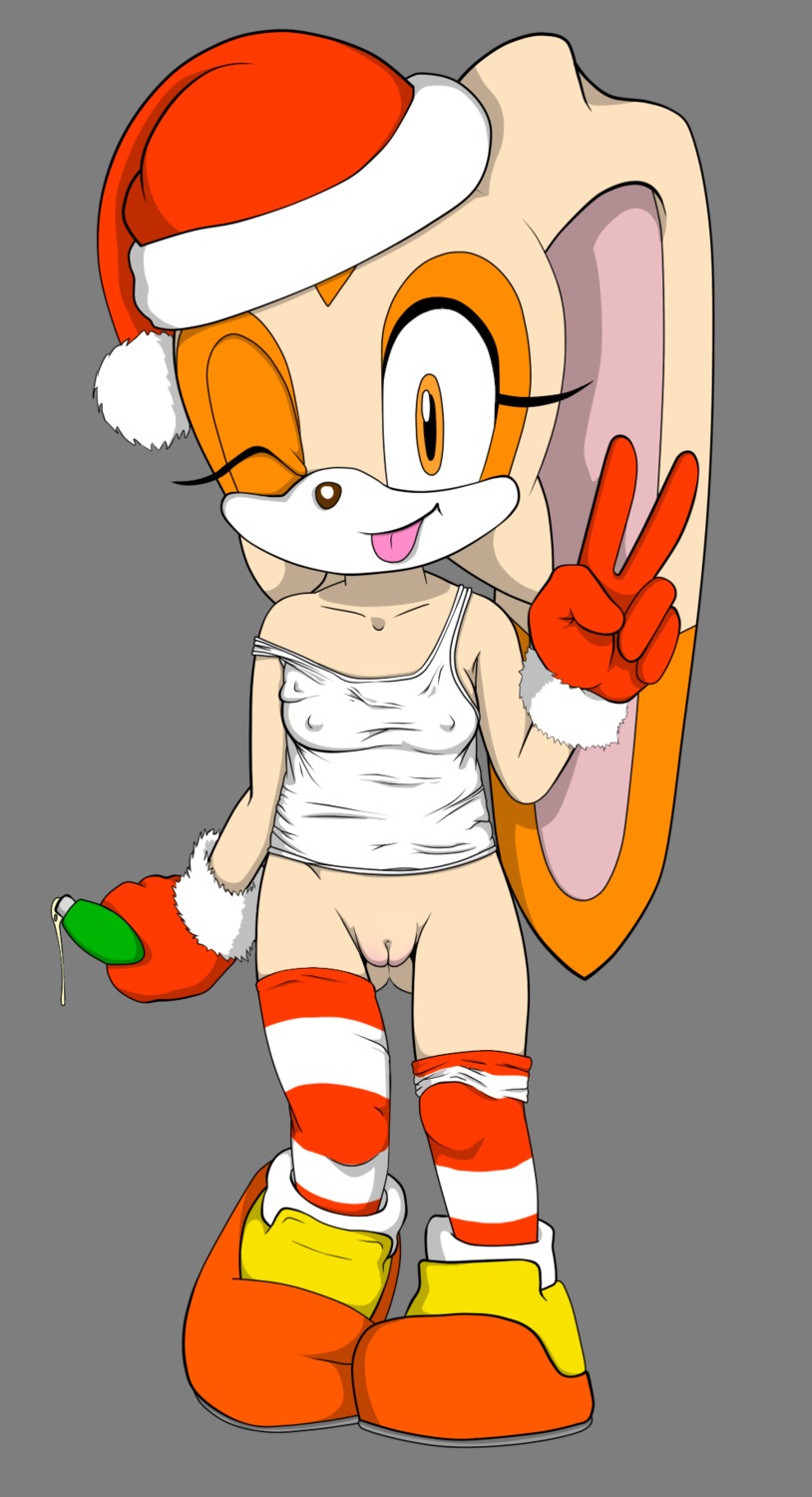 2013 alpha_channel anthro bottomless breasts christmas christmas_clothing christmas_headwear clothed clothing cream_the_rabbit e621 female genitals hat headgear headwear hi_res holidays jenokamui lagomorph leporid long_ears looking_at_viewer mammal nipple_outline one_eye_closed pom_hat rabbit santa_hat sega simple_background small_breasts smile solo sonic_the_hedgehog_(series) tongue transparent_background vulva young young_anthro