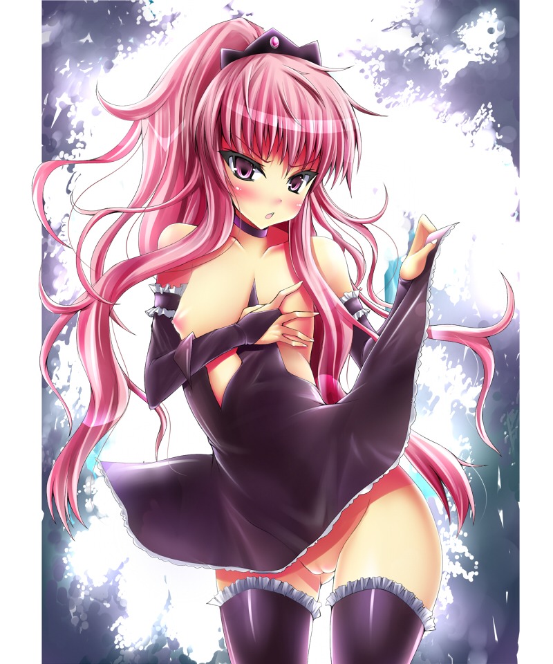 1girls areolae blush bottomless_skirt breasts clothing detached_sleeves dress dress_lift elbow_gloves embarrassed enf erect_nipples female female_only flat_chest gloves long_hair lost_clothes louise_francoise_le_blanc_de_la_valliere nipples no_panties pink_eyes pink_hair pussy rule34 short_dress small_breasts solo standing stockings thighhighs tiara uncensored wardrobe_malfunction watanaba wide_hips zero_no_tsukaima zettai_ryouiki