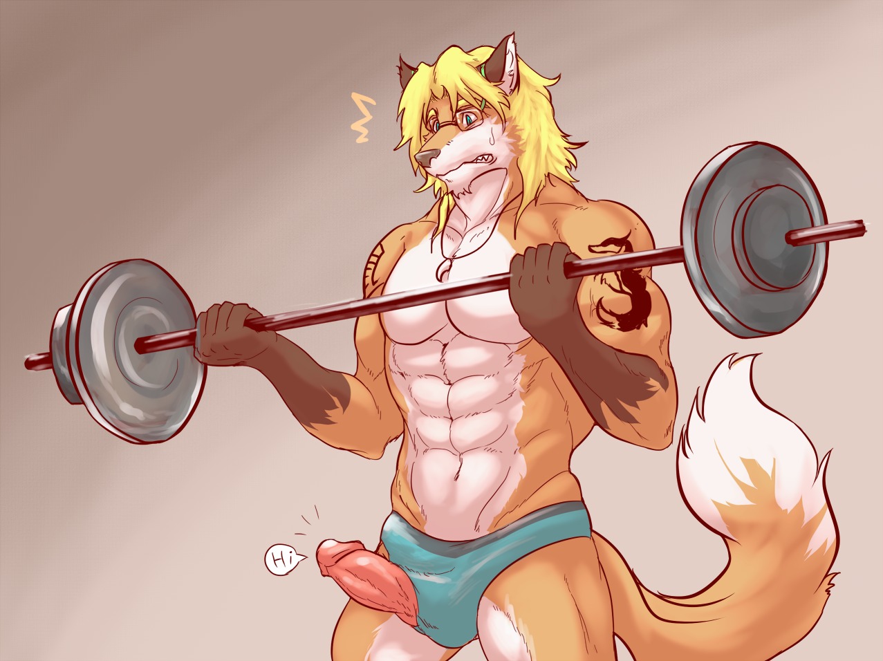 2013 abs anthro athletic biceps big_muscles big_penis biped black_nose blonde_hair blue_eyes bodily_fluids brown_body brown_fur bulge canid canine clenched_teeth clothed clothing clothing_aside e621 embarrassed english_text erection exercise eyewear fangs fox fur genitals glasses gradient_background hair holding_object humanoid_genitalia humanoid_penis istani jcfox jewelry looking_at_genitalia looking_at_penis male mammal muscular muscular_anthro muscular_male necklace pecs penis penis_poking_out penis_through_leghole pose presenting simple_background slipping_out solo speedo standing sweat swimwear talking_penis tan_background tan_body tan_fur tattoo teeth text topless tuft underwear underwear_aside unwanted_erection vein wardrobe_malfunction weightlifting weights white_body white_fur workout