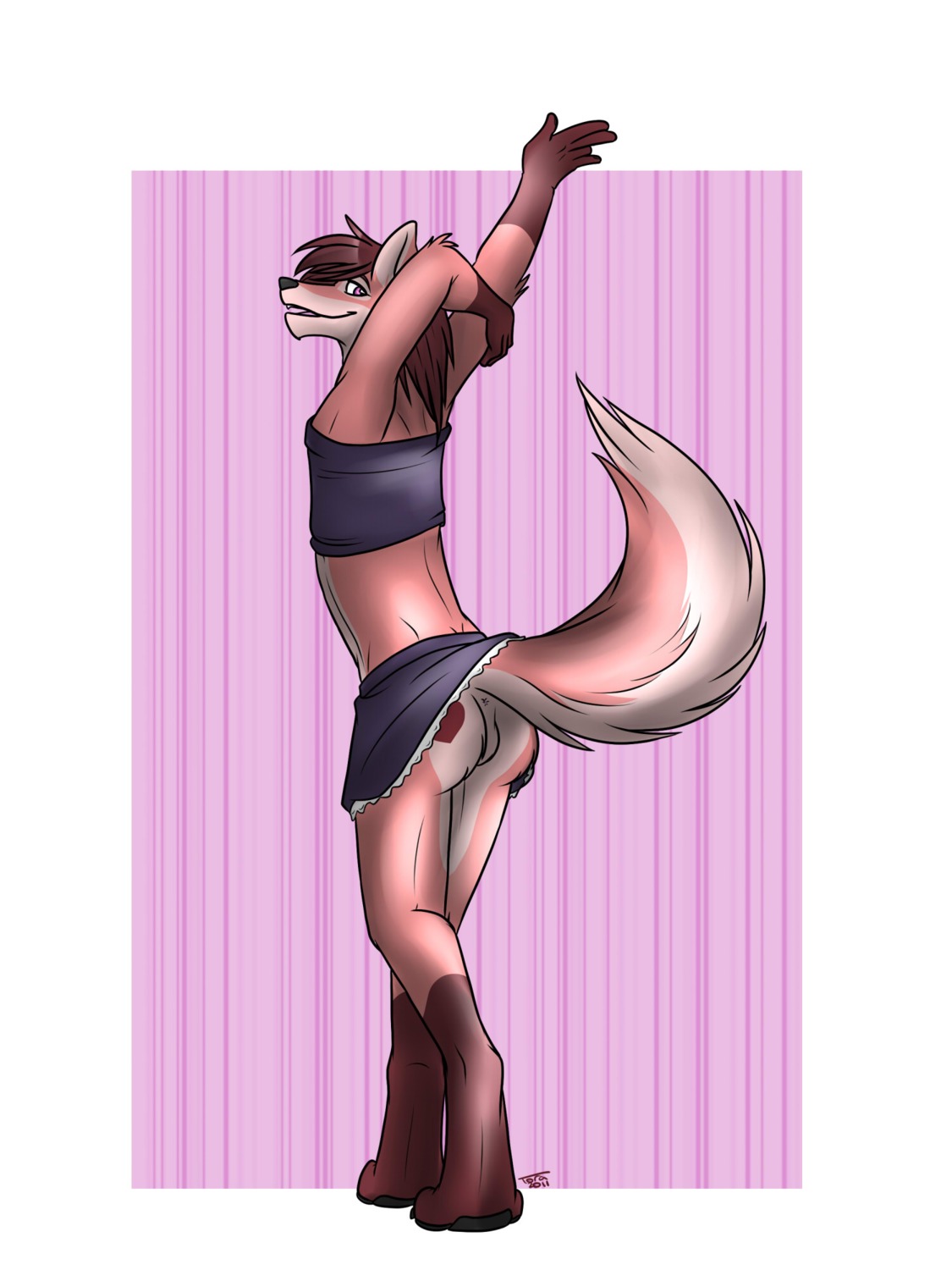 2011 3:4 anthro anus backsack balls bottomwear butt canid canine clothed clothing crossdressing dancing e621 femboy fox genitals hi_res looking_at_viewer looking_back male mammal pink_background rear_view resplendence simple_background skirt solo tail topwear toraneko tube_top