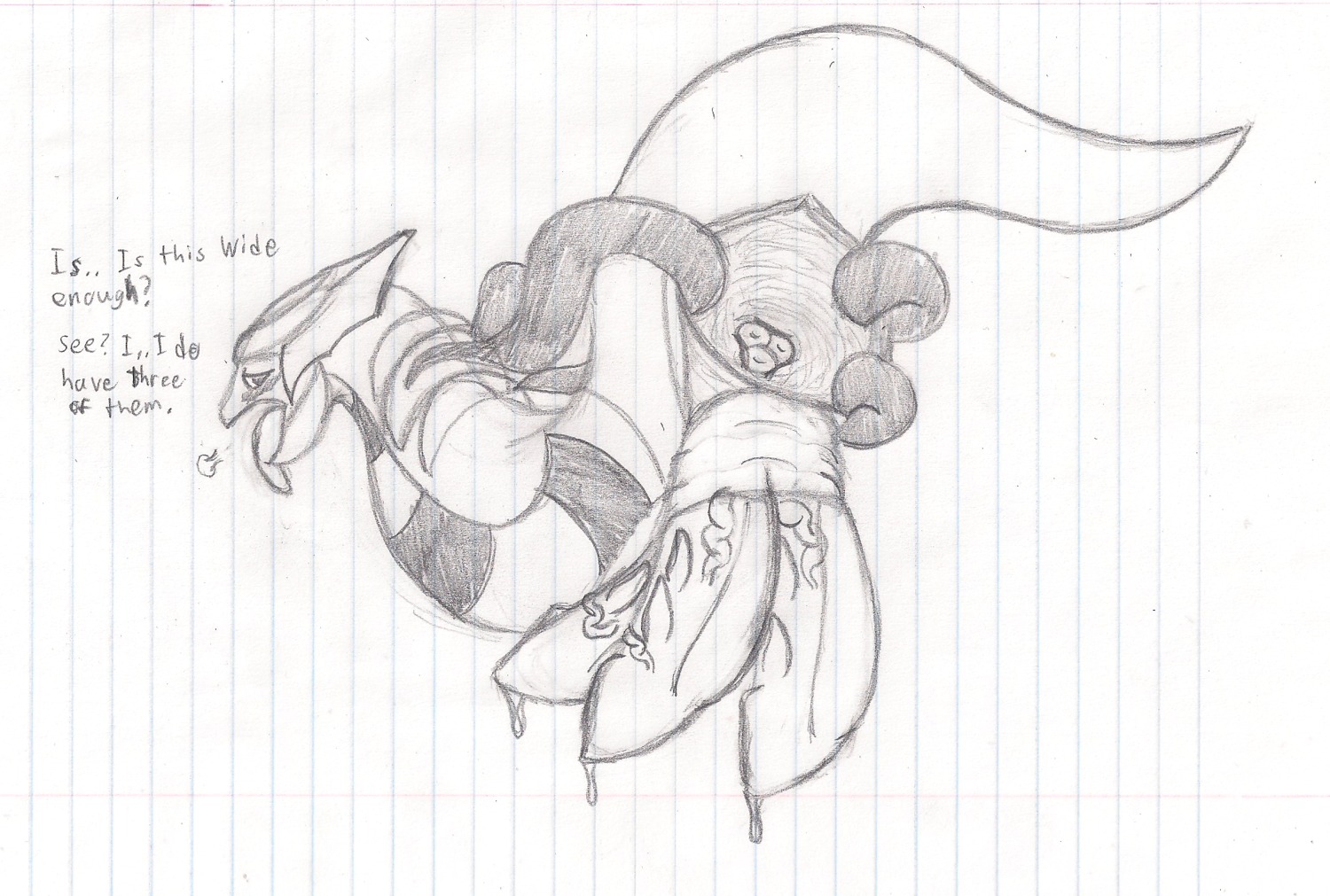2013 3_penises back_tentacles big_penis blush bodily_fluids cervix dragon-heart e621 english_text erection feral gaia_(dragon-heart) gaping generation_4_pokemon genital_fluids genitals giratina graphite_(artwork) herm herm_feral hi_res huge_penis intersex intersex_feral legendary_pokemon lined_paper looking_at_viewer monochrome multi_cervix multi_genitalia multi_penis nintendo open_mouth origin_forme_giratina penis pokemon pokemon_(species) precum presenting solo spread_vulva spreading tentacles text tongue tongue_out traditional_media_(artwork) vulva