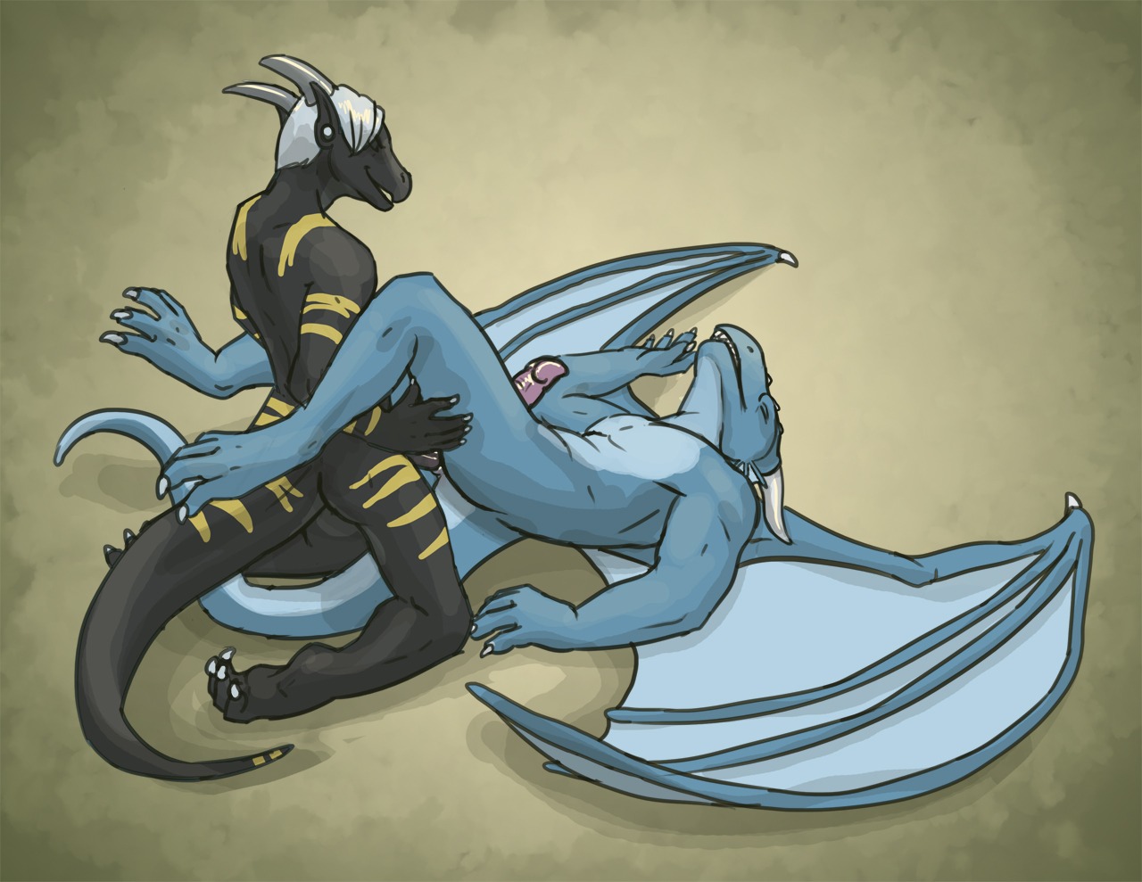 2012 anal anal_penetration anthro black_body black_scales blue_body blue_scales blue_tail claws digital_media_(artwork) dragon dragonator duo e621 ear_frill ear_piercing erection european_mythology eyes_closed frill_(anatomy) genitals grey_horn hair horn kneeling lying male male/male male_penetrated male_penetrating male_penetrating_male markings membrane_(anatomy) membranous_wings mythological_creature mythological_scalie mythology nude on_back penetration penis piercing scales scalie sex sketch tail teeth thestory voyd western_dragon white_hair white_horn wings yellow_markings