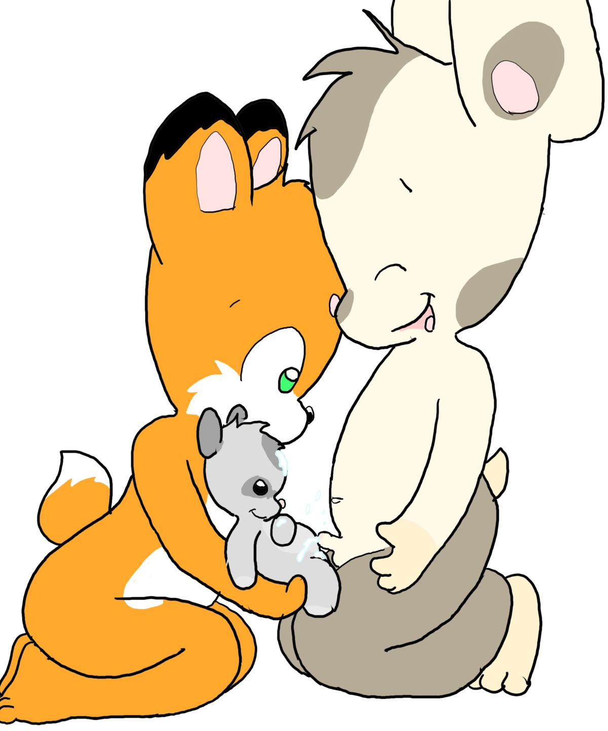 absurd_res ambiguous_gender anthro balls bodily_fluids bosky bosky_(character) canid canine cum e621 erection eyes_closed fox genital_fluids genitals green_eyes group group_sex hi_res kneeling male mammal navel open_mouth penis plushie plushophilia sex simple_background small_penis smile threesome trio white_background young young_anthro