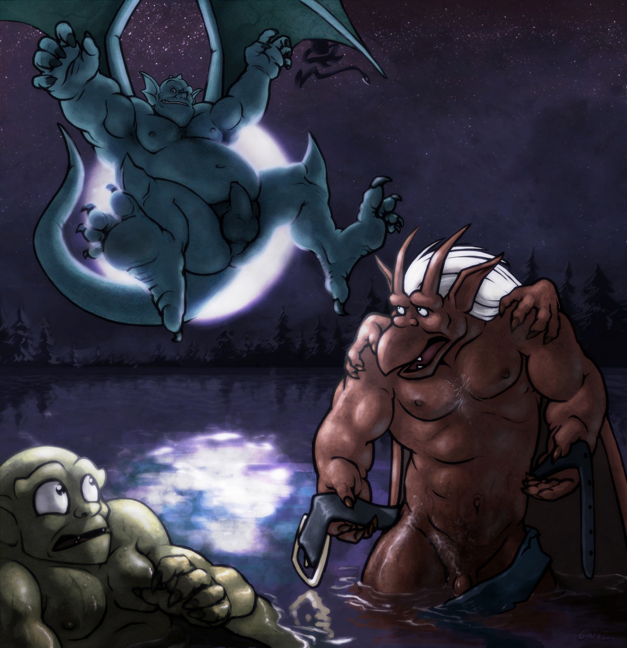 abs anthro balls belt biceps blue_body blue_skin bottomwear broadway_(gargoyles) brooklyn_(gargoyles) captaingerbear claws clothed clothing disney e621 erection fangs foreskin gargoyle gargoyles genitals green_body green_skin group hair hi_res humanoid humanoid_genitalia humanoid_penis lake lexington_(gargoyles) loincloth long_hair male membrane_(anatomy) membranous_wings moon muscular nipples nude outside pecs penis pose red_body red_skin scales slightly_chubby tail teeth tongue topless undressing water wet white_hair wings