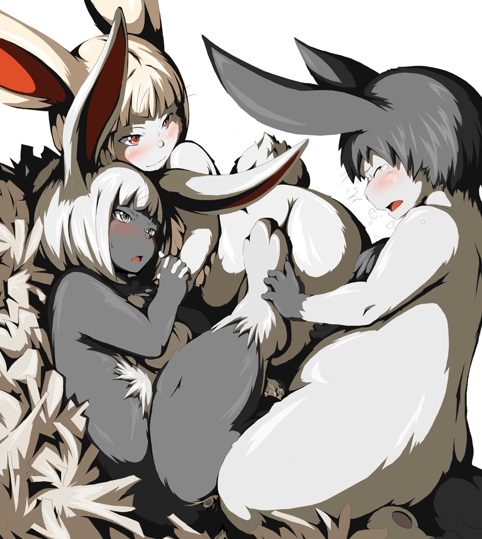 anthro bisexual blonde_hair blush bodily_fluids cum cum_in_vagina cum_inside e621 eyes_closed female female/female genital_fluids grey_eyes grey_hair group hair lagomorph leporid male male/female mammal open_mouth overweight rabbit scut_tail sex shiyusu short_tail simple_background slightly_chubby tail vaginal white_background yellow_eyes young young_anthro