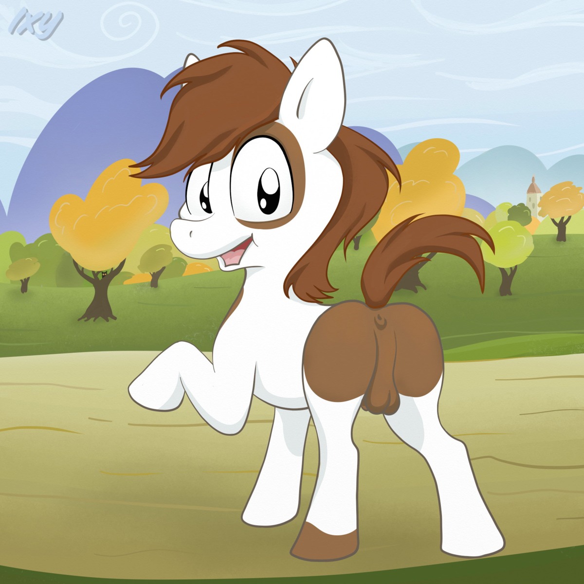 1:1 anus backsack balls big_eyes big_head black_eyes brown_body brown_fur brown_hair butt day e621 earth_pony equid equine feral friendship_is_magic fur genitals grass hair hasbro hi_res horse ixbalam looking_at_viewer looking_back male mammal mane my_little_pony nude open_mouth open_smile outside pipsqueak_(mlp) plant pony presenting presenting_hindquarters raised_tail rear_view short_hair sky smile solo submissive submissive_male tail toony tree white_body white_fur young young_feral