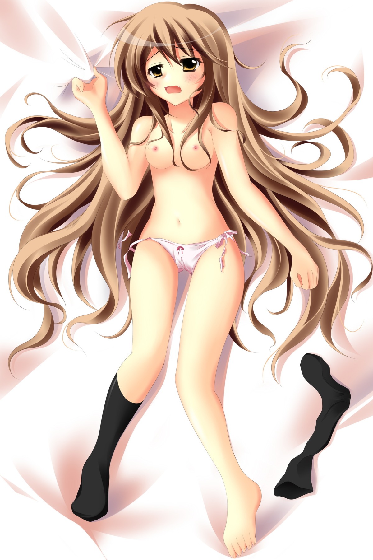 1girls barefoot black_legwear black_socks blush breasts brown_hair cute_fang feet female footwear high_resolution long_hair lying navel nipples on_back open_mouth panties pink_panties pointy_chin rule34 socks solo toes topless underwear yellow_eyes
