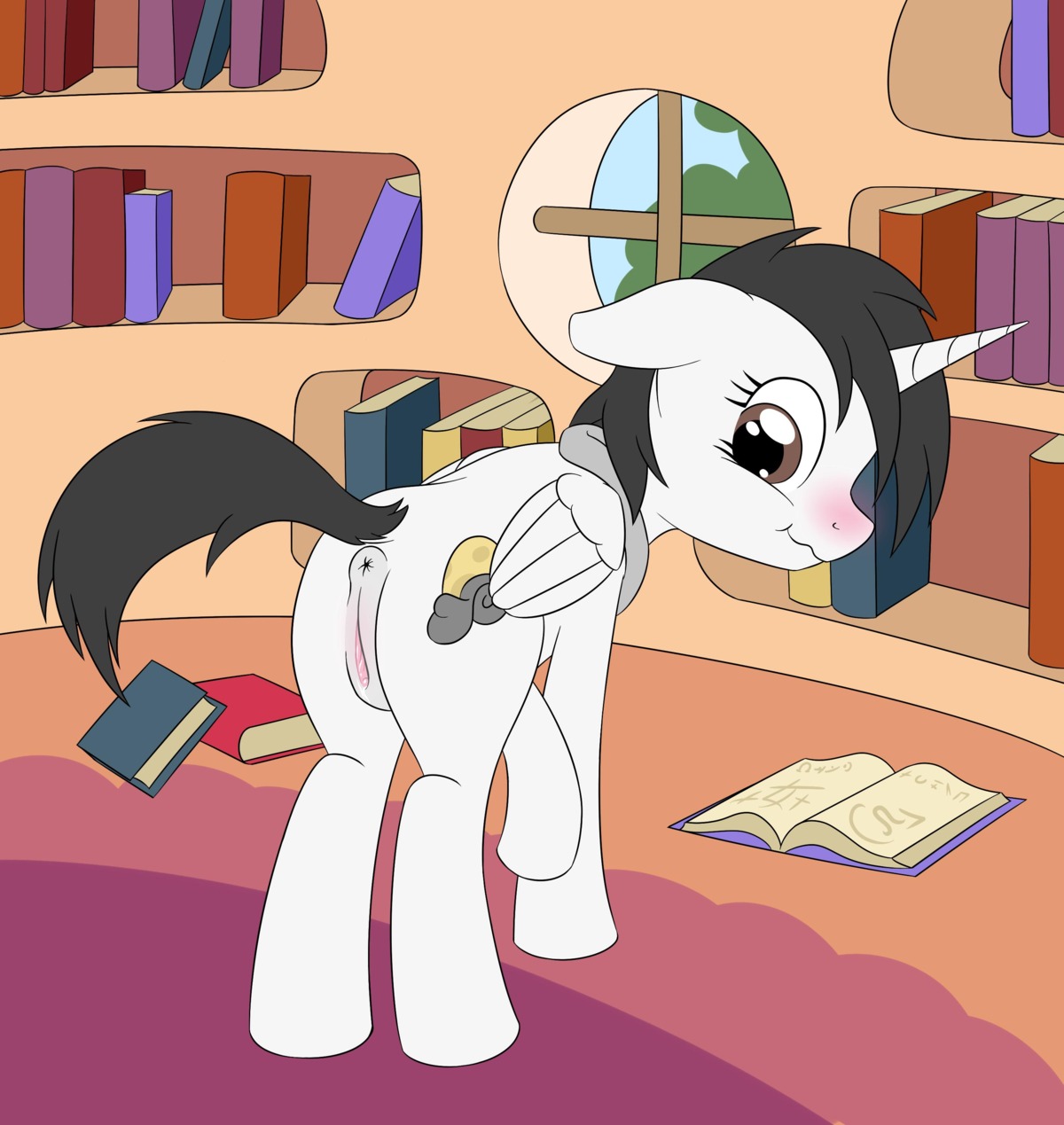absurd_res black_hair blush book cutie_mark digital_media_(artwork) e621 equid equine fan_character fearingfun feathered_wings feathers female feral genitals hair hasbro hi_res horn mammal my_little_pony mythological_creature mythological_equine mythology quadruped solo tail vulva winged_unicorn wings