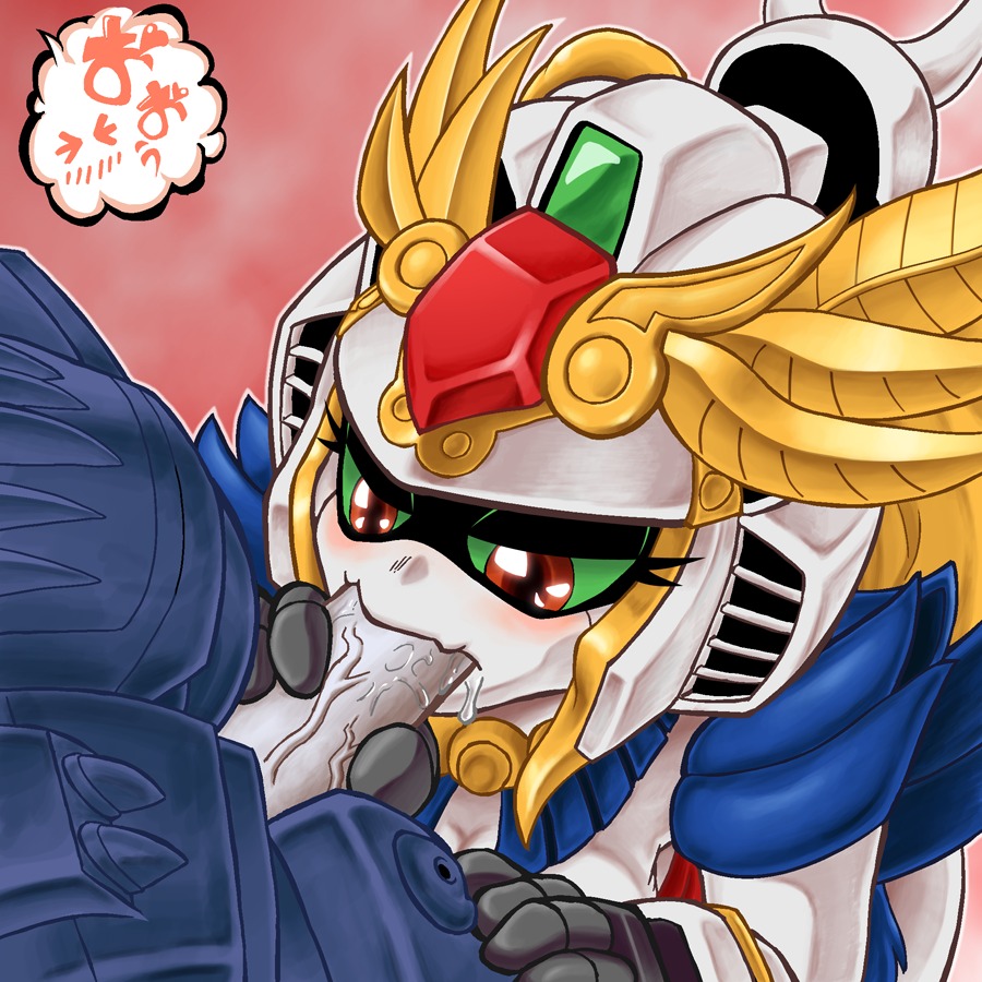 android blonde_hair blush breasts chibi cleavage drool eyelashes fellatio female gozon green_eyes gundam humanoid long_hair machine male mecha mecha_focus mecha_girl mobile_suit oral penis red_eyes robot robot_girl rule34 saliva sd_gundam sd_gundam_sangokuden shukuyuu_gundam