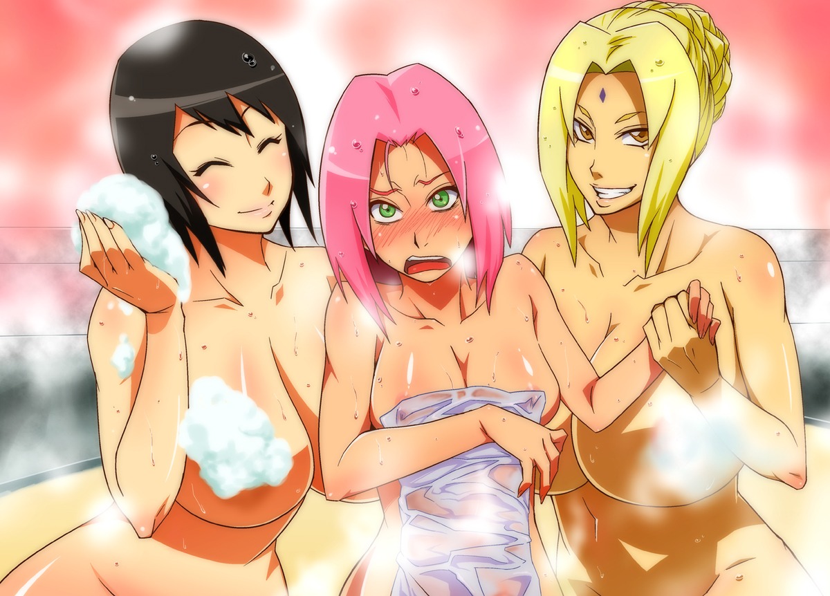 black_hair blonde_hair blush breasts brown_eyes censored cleavage closed_eyes convenient_bath_steam convenient_censoring facial_mark female female_only forehead_mark green_eyes grin hair_up huge_breasts human large_breasts long_hair multiple_females naked_towel naruto naruto_(series) naughty_face nude pink_hair rule34 sakura_haruno see-through shizune short_hair smile steam suds sunahara_wataru sweat towel tsunade wet