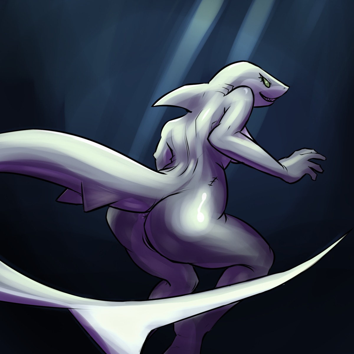 1:1 anthro anus aquatic bald breasts butt e621 female fin fish genitals hi_res looking_at_viewer mackerel_shark non-mammal_breasts portrait retro_parasite scar sea shark sharp_teeth side_boob smile solo teeth three-quarter_portrait thresher_shark vulva water
