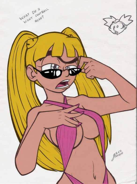 1boy 1girls adjusting_eyewear arnold_shortman artist_signature bikini blonde_hair brat breasts cleavage disembodied_head female female_focus fingernails garabatoz helga_pataki hey_arnold! hourglass_figure long_hair looking_over_eyewear looking_over_sunglasses male nail_polish navel nickelodeon pink_nails rule34 smug sunglasses swimsuit tinted_eyewear tsundere twintails verbal_abuse white_background