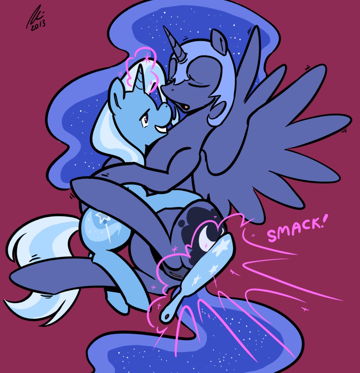 2013 butt_slap cutie_mark duo e621 equid equine eyes_closed feathered_wings feathers female feral friendship_is_magic genitals hair hasbro hi_res horn long_hair mammal my_little_pony mythological_creature mythological_equine mythology nightmare_moon_(mlp) slap smile spanking themanesex trixie_(mlp) unicorn vulva winged_unicorn wings