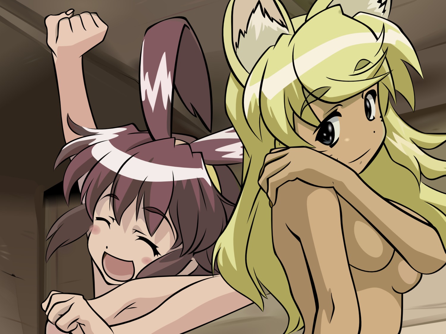 animal_ears blonde_hair breasts brown_hair cat_ears dark_skin female hi_res liru renkin_san-kyuu_magical_pokaan rule34 uma underboob vector_trace wolf_ear