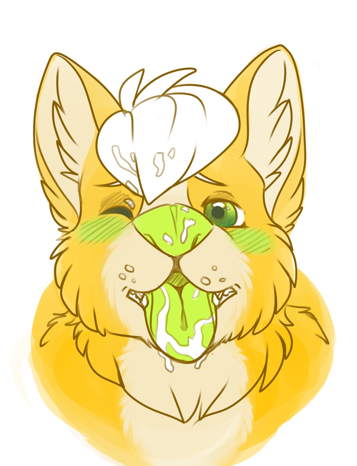 absurd_res after_sex anthro blush bodily_fluids citrus citrus_lemonade cum cum_on_face cum_on_tongue e621 fur genital_fluids green_eyes hair hi_res looking_at_viewer male open_mouth oral simple_background solo tan_body tan_fur teeth tongue yellow_body yellow_fur