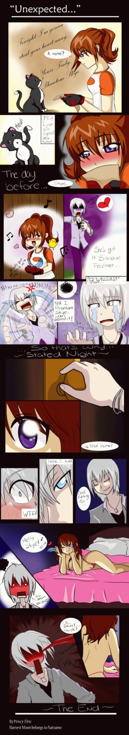 1boy bed blue_eyes blue_feather feline female gloves grey_hair harvest_moon heart long_hair male necklace nosebleed pillow pony ponytail priscy-elric rule34 string_panties tied_hair topless wink