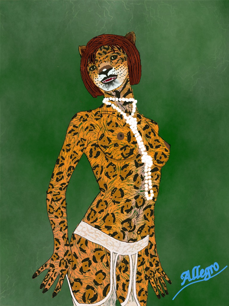 allegro_(artist) animal_ears anthro breasts brown_hair cat_ears female jaguar lingerie pearls rule34 spots