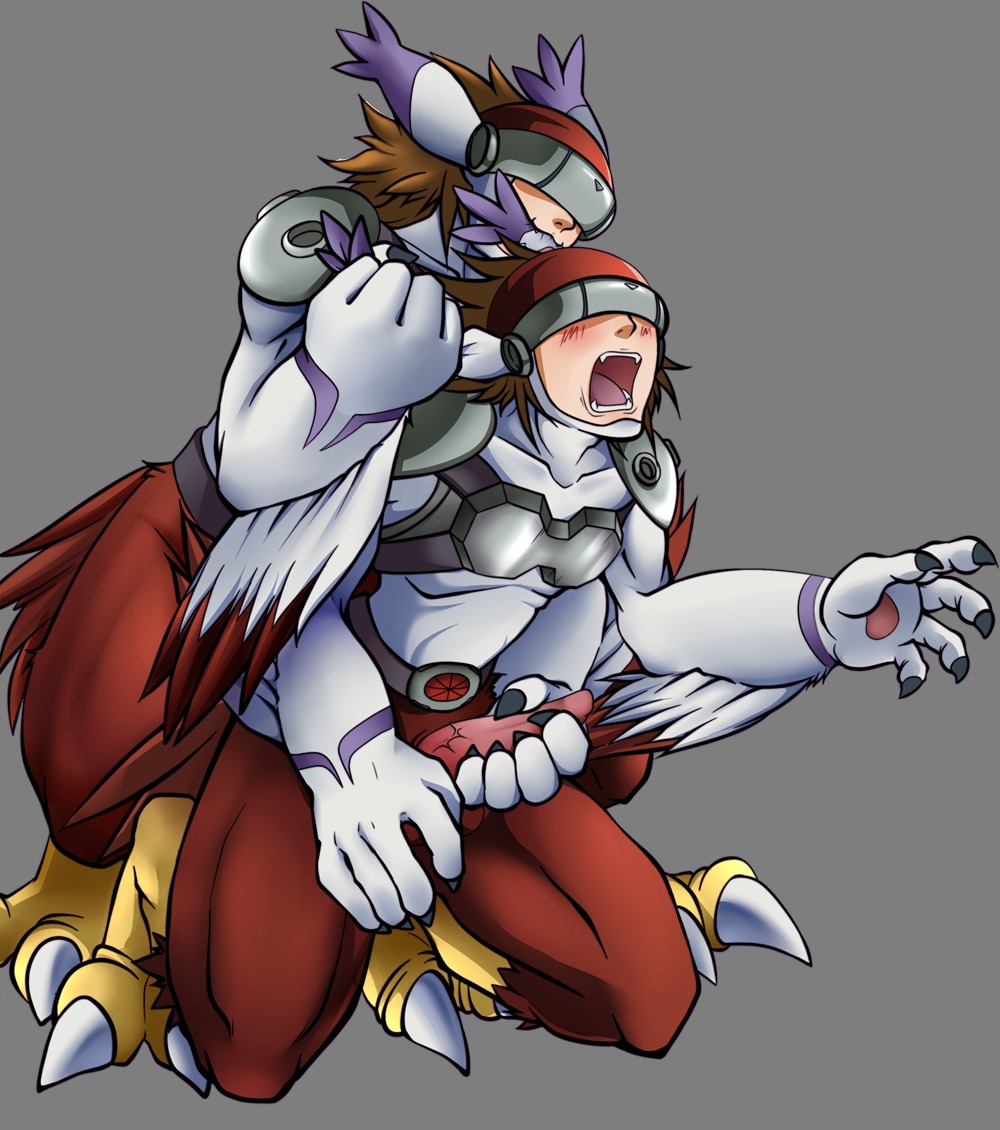 alpha_channel bandai_namco bite blush claws digimon digimon_(species) duo e621 erection feathered_wings feathers from_behind_position genitals hair handjob kinglom kneeling male male/male open_mouth penile penis reach_around sex silphymon tapering_penis toe_claws visor wings