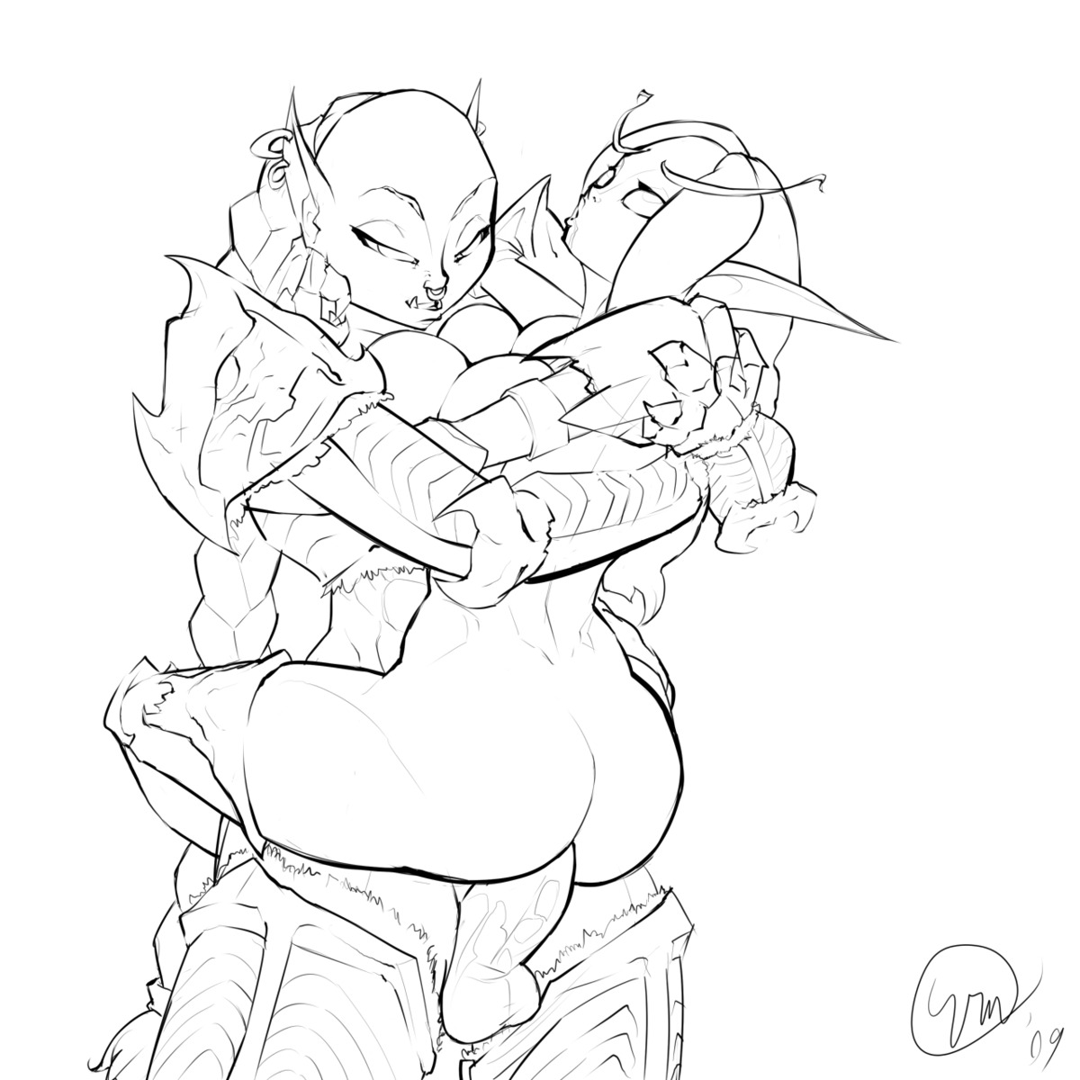 1:1 balls big_penis blizzard_entertainment blood_elf breasts butt duo e621 elf erection female genitals gynomorph gynomorph/female hi_res humanoid intersex intersex/female monochrome not_furry orc penis sex v-m warcraft