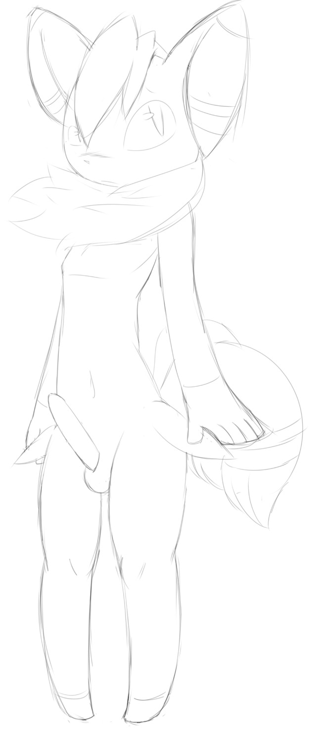 anthro balls black_and_white blush e621 erection front_view fur generation_6_pokemon genitals hi_res male meowstic meowstic_(male) monochrome nintendo nude penis pokemon pokemon_(species) shy sketch solo standing xxmysteryxx