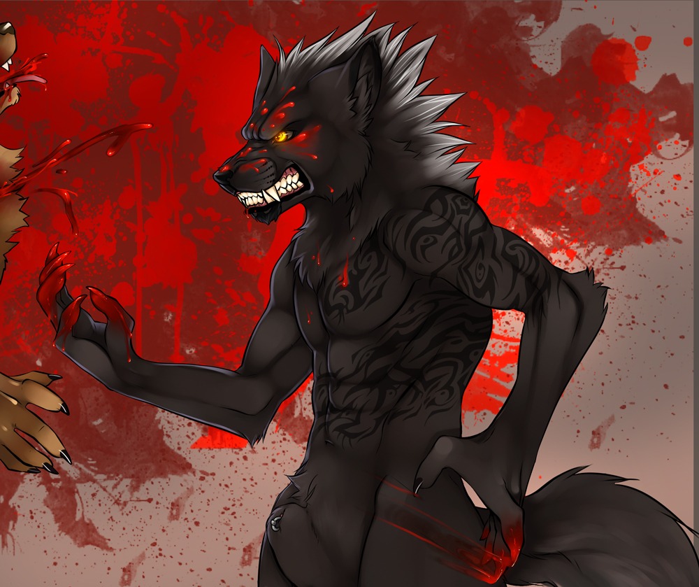 abstract_background animal_genitalia anthro azelyn blood bodily_fluids canid canine canis e621 furgonomic_piercing furgonomics genital_piercing genitals glare gore hugowolf male mammal piercing sheath sheath_piercing simple_background solo tail tattoo teeth violence wolf