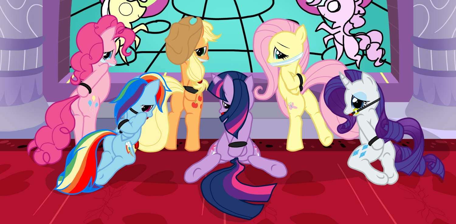 2012 absurd_res applejack_(mlp) ball_gag bdsm blonde_hair blue_body blue_feathers blue_fur bondage bound butt clothing cutie_mark e621 earth_pony equid equine feathered_wings feathers female feral fluttershy_(mlp) friendship_is_magic fur gag gagged group hair hasbro hat headgear headwear hi_res horn horse mammal multicolored_hair my_little_pony mythological_creature mythological_equine mythology pegasus pink_hair pinkie_pie_(mlp) pony purple_body purple_fur purple_hair pyruvate rainbow_dash_(mlp) rainbow_hair rarity_(mlp) tail twilight_sparkle_(mlp) two_tone_hair unicorn wings yellow_body yellow_feathers