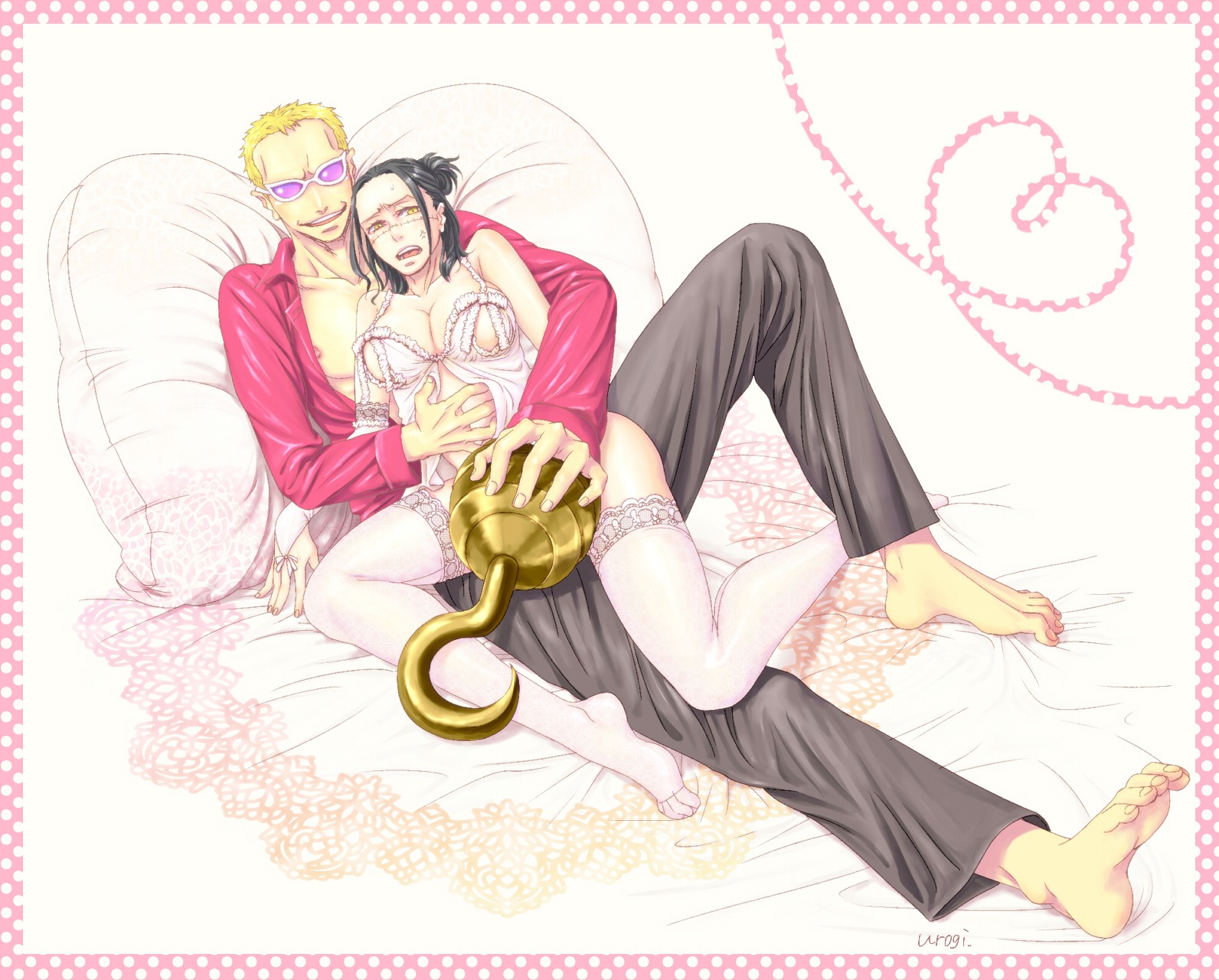 barefoot beige_skin black_hair blonde_hair clothes color donquixote_doflamingo female hair hook human male one_piece pants pillow rule34 rule_63 short_hair sir_crocodile straight_hair