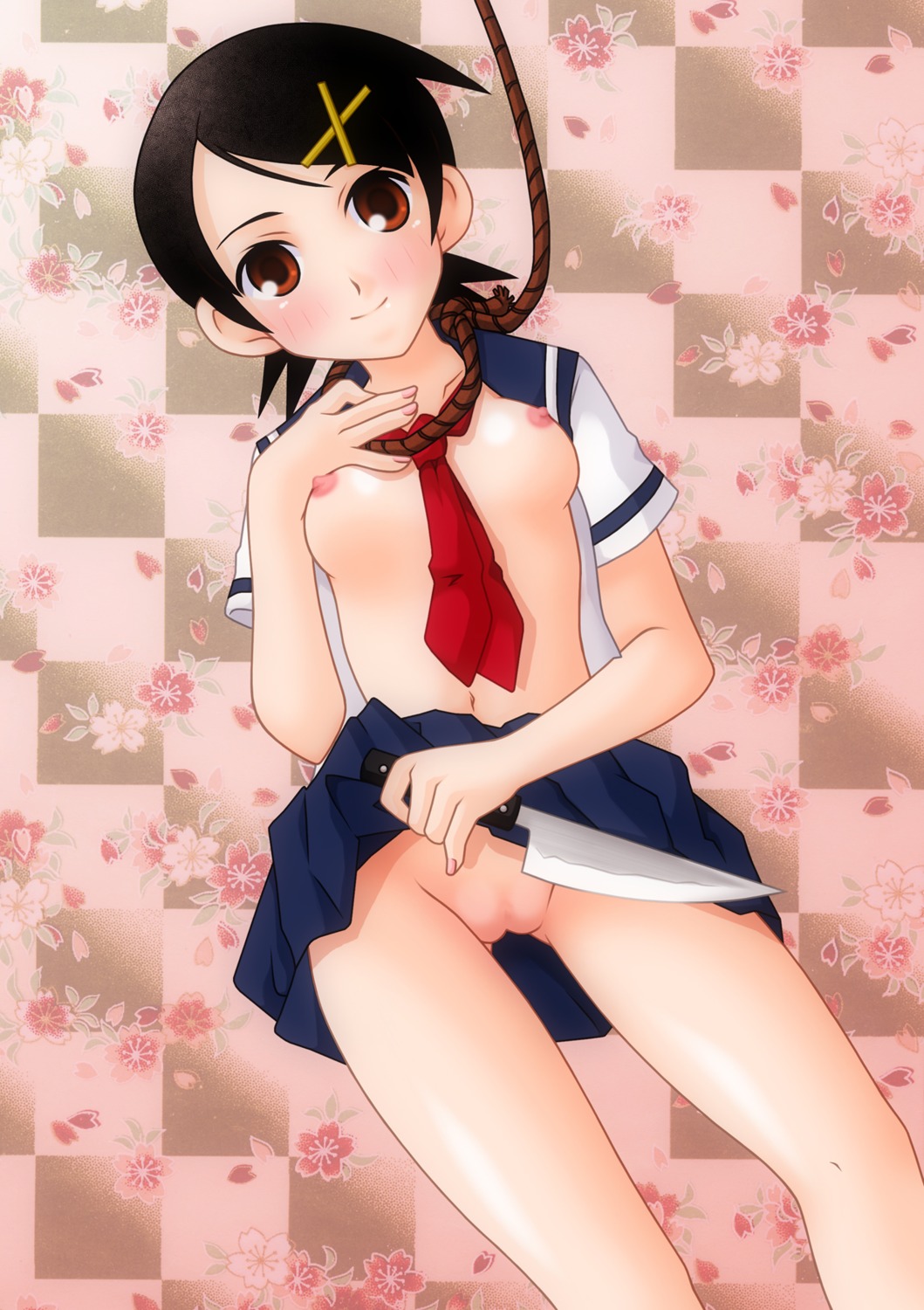 beige_skin black_hair blush breasts brown_eyes closed_eyes clothes clothing color count_zero female female_only front_view fuura_kafuka hair highres holding human knife looking_at_viewer nipples noose open_clothes open_eyes open_shirt pussy rope round_ears rule34 sayonara_zetsubou_sensei school_uniform serafuku shirt short_hair skirt skirt_lift smile solo suicide uncensored underhand_grip vulva