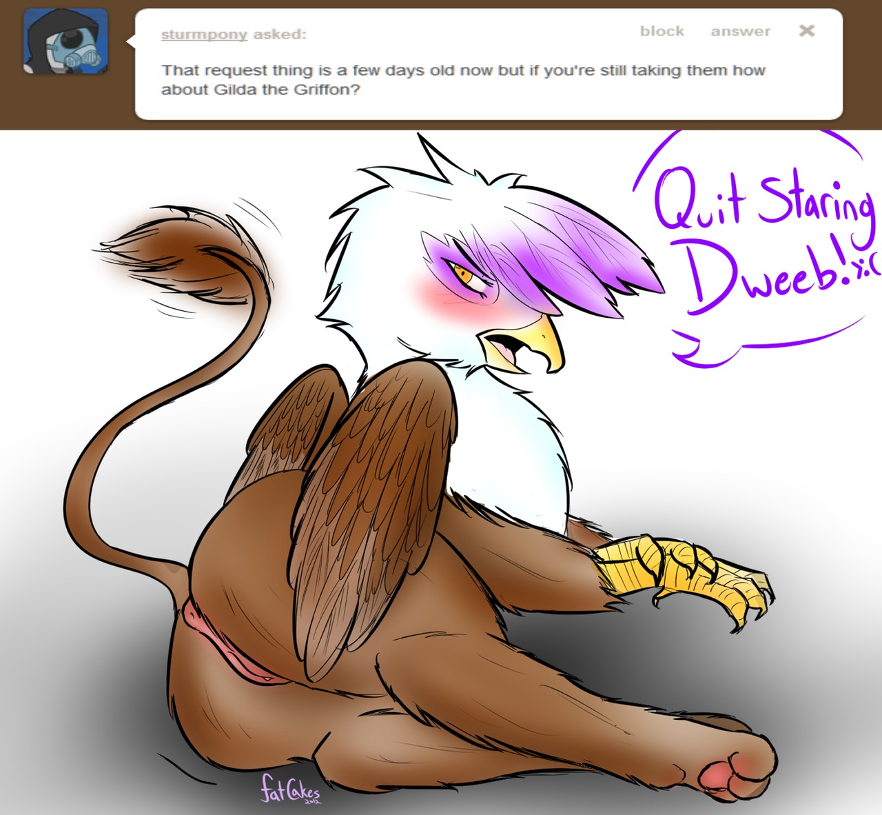 2012 anus avian beak blush brown_body brown_feathers brown_hair e621 english_text feathered_wings feathers female feral friendship_is_magic genitals gilda_(mlp) gryphon hair hasbro mrfatcakes my_little_pony mythological_avian mythological_creature mythology purple_body purple_feathers simple_background solo tail text tumblr vulva white_body white_feathers wings yellow_eyes