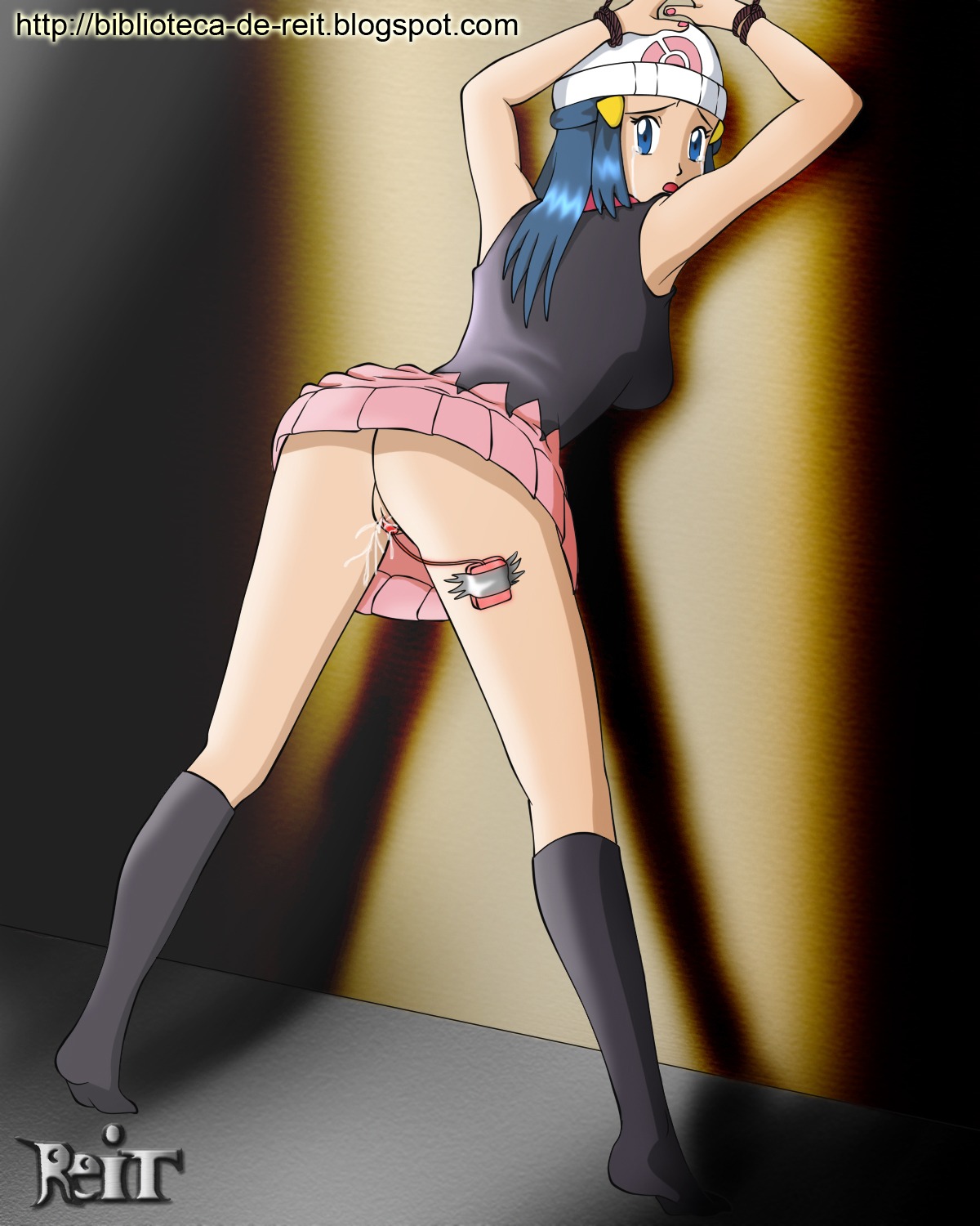 bondage clothing color crying dawn_(pokemon) female female_only human no_panties pokemon pussy rape reit rule34 skirt solo tagme tape tears uncensored vibrator vibrator_taped_to_leg