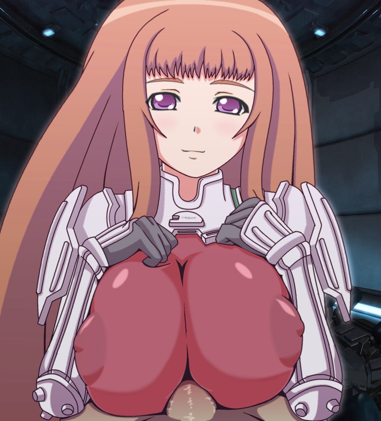 1boy 1girls areolae blush bodysuit breasts clothed clothed_female_nude_male female human ken_marinaris large_areolae large_breasts male nipples nude orange_hair paizuri penis pink_eyes rule34 smile straight uncensored zone_of_the_enders