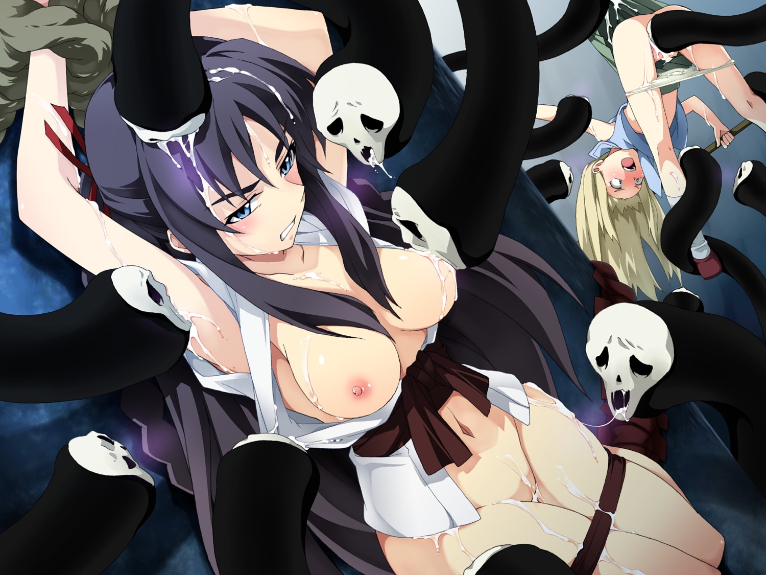 angry arms_up big_breasts black_hair blonde_hair blue_eyes blush bottomless braid breast_sucking breasts censored cleavage cum female female_only flat_chest footwear hair_ribbon highres hoshimura_makina knee_socks kneehighs kneesocks long_hair milking_tentacles multiple_females multiple_girls nipples no_bra no_panties open_clothes open_mouth open_shirt panties panties_down panty_pull pussy restrained_by_tentacles ribbon rule34 saipaco shikabane_hime shirt skirt skirt_lift socks stripped_by_tentacles tentacle tentacle_in_pussy tentacle_mouth tentacle_sucking_breasts tied_hair twintails underwear undressing very_long_hair white_socks