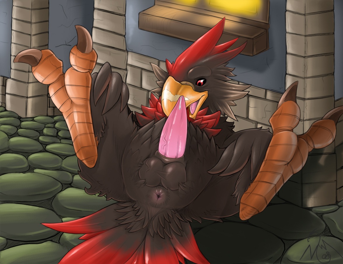 2008 anus avian avian_butt avian_feet backsack balls beak bird black_body black_feathers bodily_fluids chest_tuft chocobo claws detailed_background e621 erection feathers feral final_fantasy final_fantasy_fables fur genital_fluids genitals lying male narse nude on_back open_mouth penis precum presenting presenting_anus presenting_penis raised_tail red_body red_eyes red_feathers signature solo square_enix tail tail_anus tongue toony tuft vein volg_(chocobo)