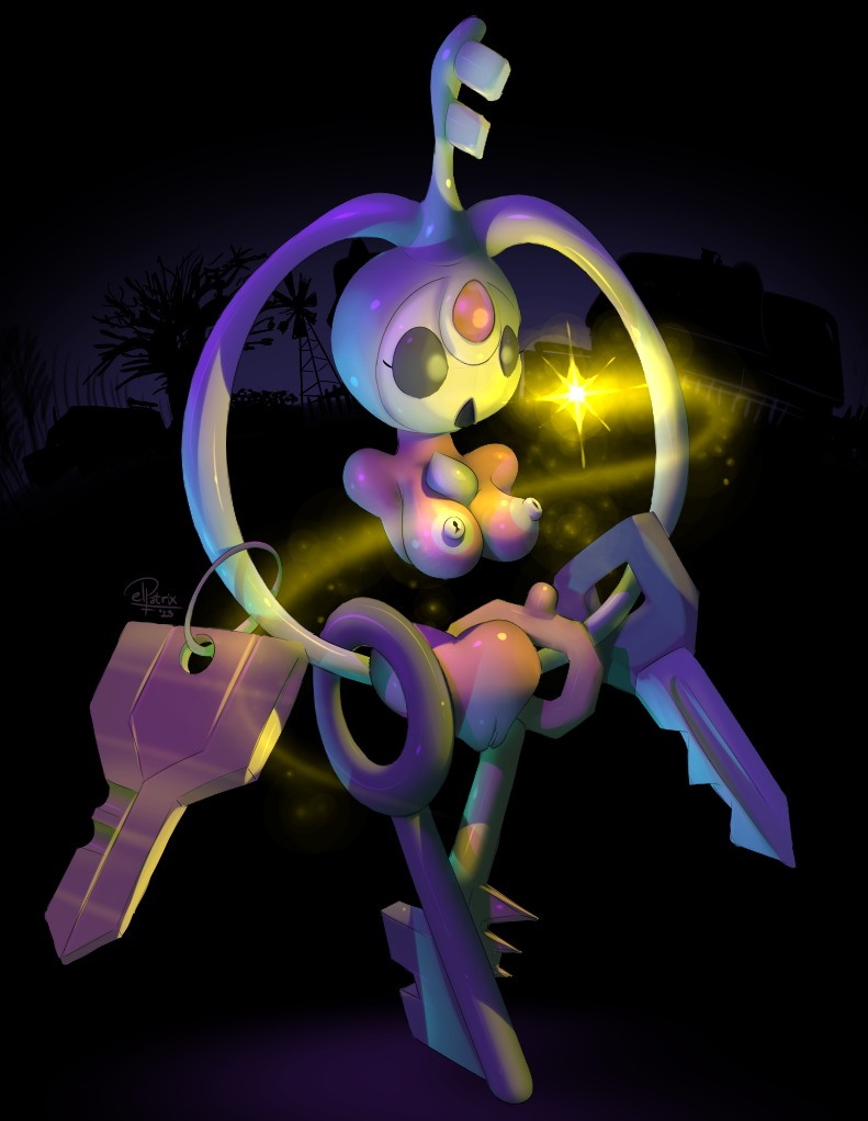 2013 :o animate_inanimate breasts building digital_media_(artwork) e621 elpatrixf endowed_animate_inanimate eyelashes female female_humanoid generation_6_pokemon genitals glowing grey_eyes house humanoid key klefki night nintendo nipples not_furry open_mouth outside plant pokemon pokemon_(species) sky solo sparks tree vulva white_nipples