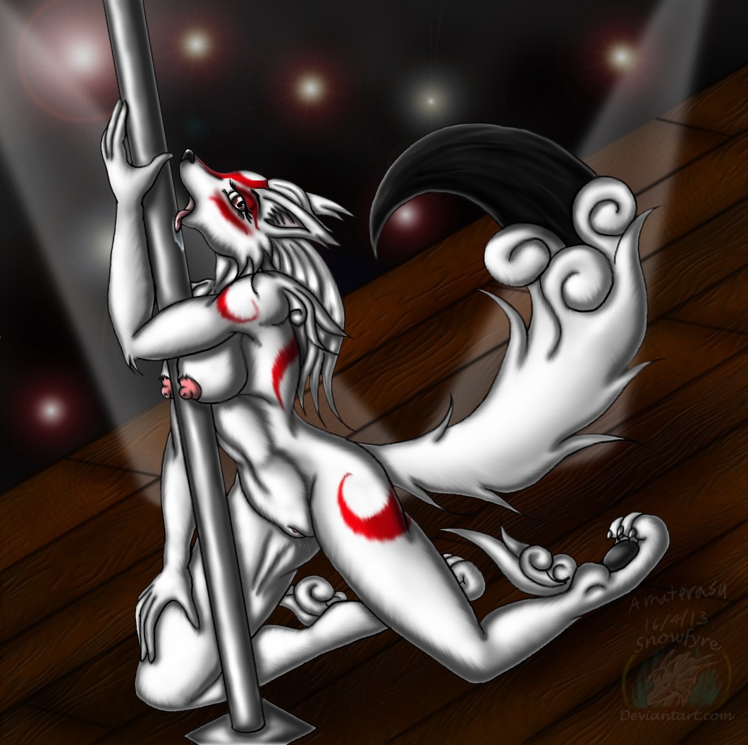 2013 amaterasu_(okami) anthro anthrofied biped breasts canid canine canis capcom claws clover_studio dancing deity e621 female fur genitals kneeling licking looking_at_viewer mammal nipples nude okami_(capcom) pole pole_dancing red_eyes seductive snowfyre solo tail toe_claws tongue tongue_out vulva white_body white_fur wolf