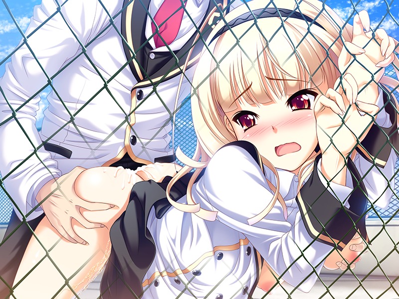 arshes_(yunibaru!) ass ass_grab blonde_hair blush breast_grab breasts character_request clothed_sex cum cum_inside cum_on_ass cum_on_body cum_on_lower_body female fence fugetsu_taku game_cg hairband leaning_forward long_sleeves nipples open_mouth paranormal_girls_strike!! red_eyes rule34 school_uniform schoolgirl sex source_request wavy_mouth yunibaru!