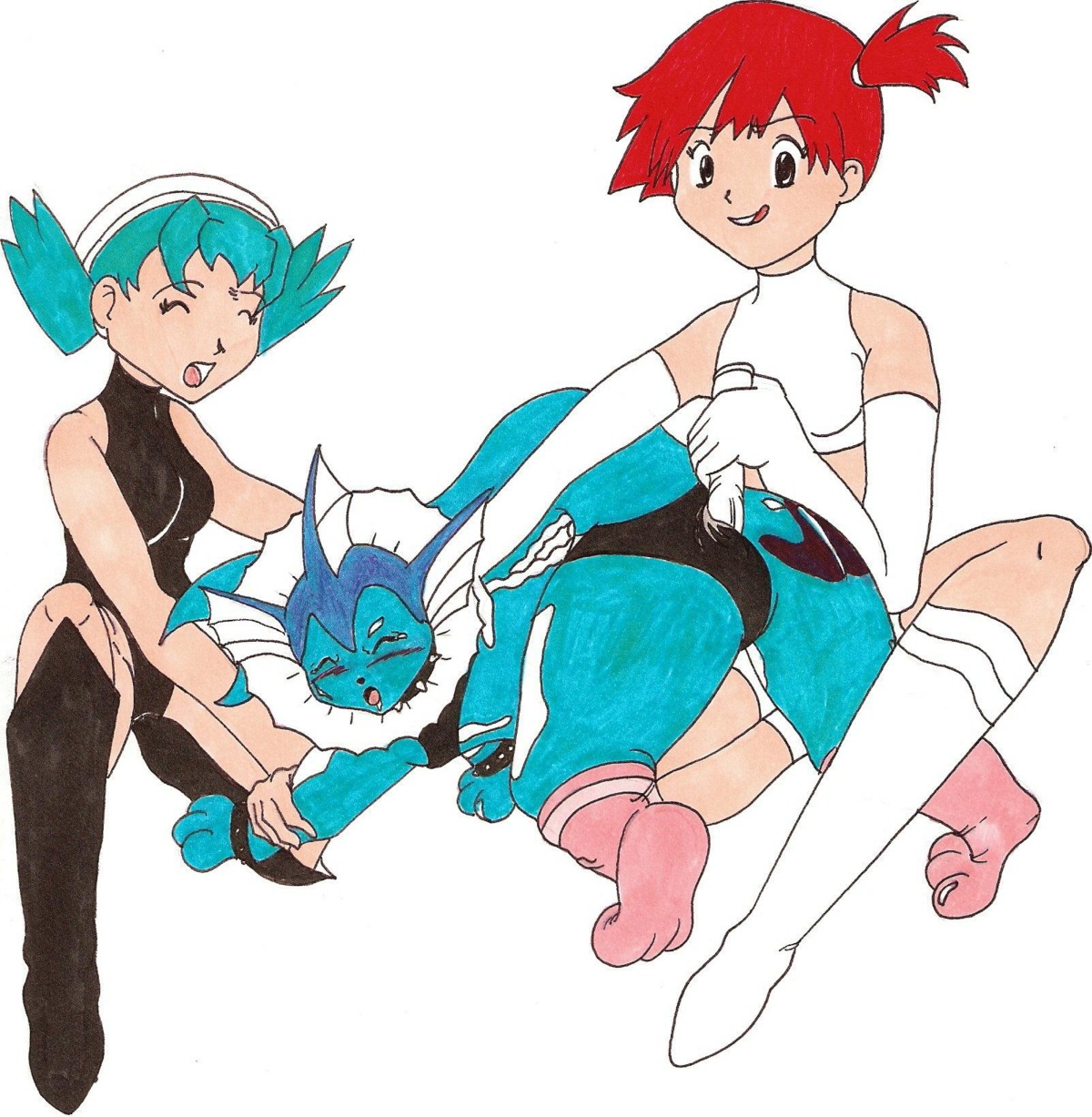 blue_hair collar dildo eeveelution female feral human human_on_feral kasumi_(pokemon) kris_(pokemon) mammal multiple_females multiple_girls nintendo open_mouth pok&eacute;mon_(species) pokemon pokemon_(species) pokemon_gsc pokemon_rgby pokephilia red_hair rule34 spiked_collar spikes tail vaporeon