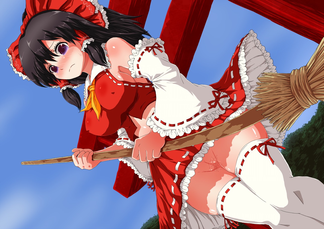 bare_shoulders black_hair blush bow breasts broom detached_sleeves dutch_angle erect_nipples female female_only from_below hair_tubes hairbow human large_breasts long_hair n_(dai_n_honpo) nipples no_panties purple_eyes pussy pussy_juice reimu_hakurei reimu_nimutyuu rule34 solo thighhighs torii touhou uncensored upskirt white_legwear