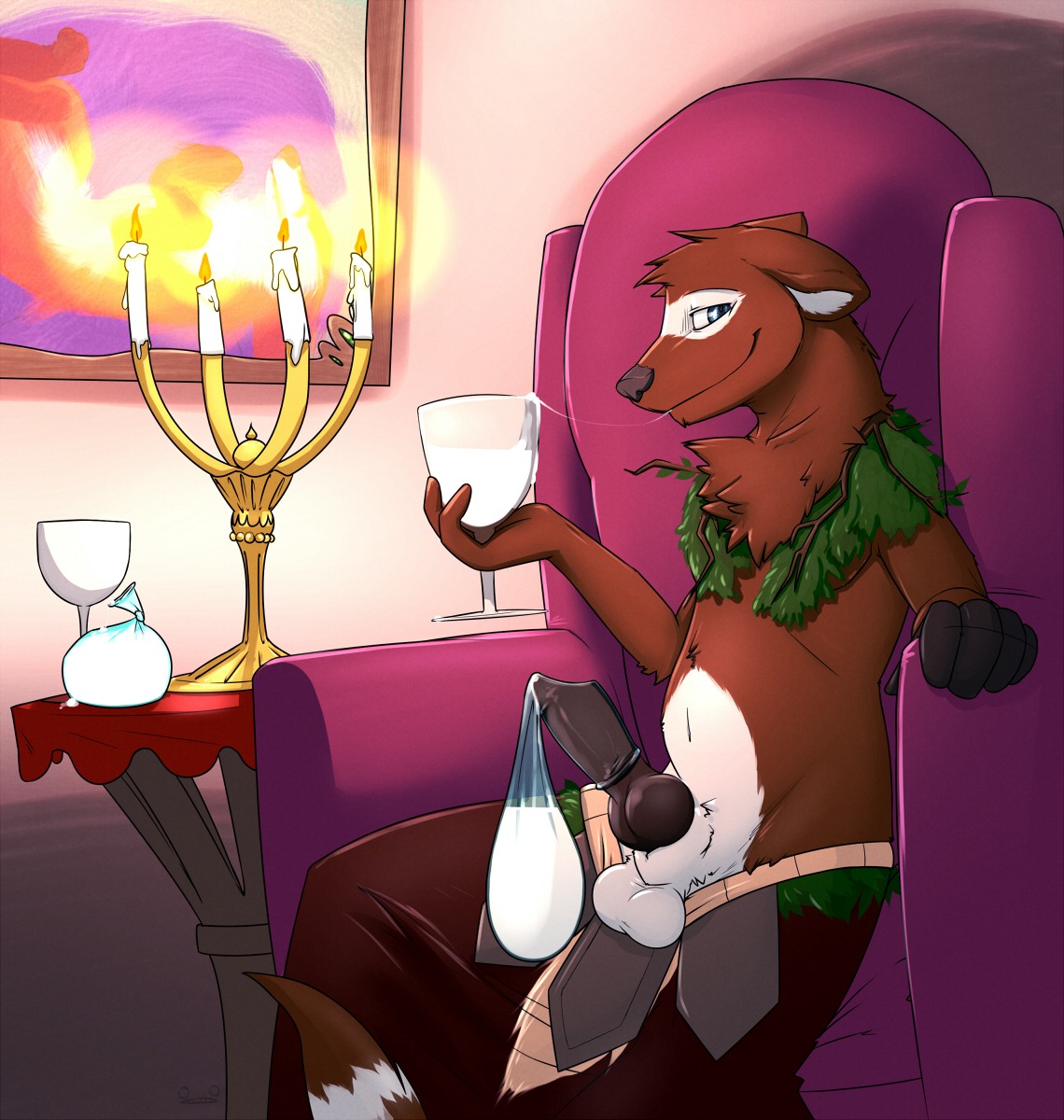 2013 after_orgasm animal_genitalia animal_penis anthro balls biped black_penis blue_eyes bodily_fluids bottomwear bottomwear_down brown_body brown_fur candle canid canine canine_genitalia canine_penis catch_condom chair classy clothed clothing condom container cum cum_in_a_cup cum_in_container cum_in_mouth cum_inside cum_string cum_taste cup detailed_background drinking drinking_cum drinking_glass e621 erection filled_condom fur furniture genital_fluids genitals glass glass_container glass_cup gulonine hi_res holding_glass holding_object inside knot lamp looking_at_viewer male mammal mismatched_animal_penis mismatched_genitalia mismatched_penis multicolored_body multicolored_fur mustelid musteline navel nude orgasm painting_(object) pants pants_down partially_clothed penis picture_frame sexual_barrier_device sheath sitting solo suel syynx table tablecloth two_tone_body two_tone_fur wearing_condom white_body white_fur wine_glass wolvar wolverine