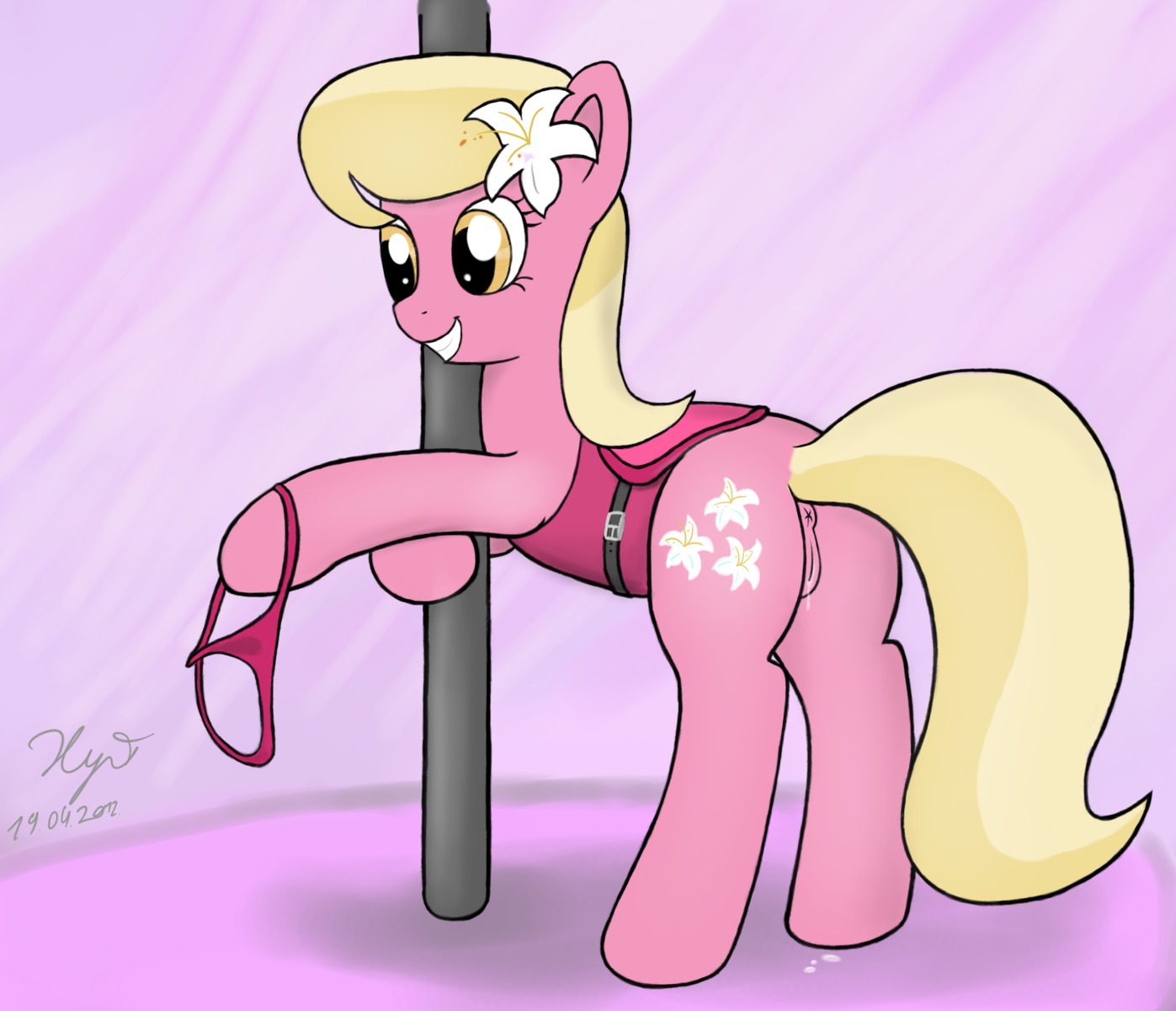2012 animal_genitalia animal_pussy anus blonde_hair equine equine_pussy female friendship_is_magic lily_valley_(mlp) my_little_pony panties panties_removed pussy pussy_juice pussy_juice_drip rule34 saddle solo stripper stripper_pole tail wet_pussy xyi