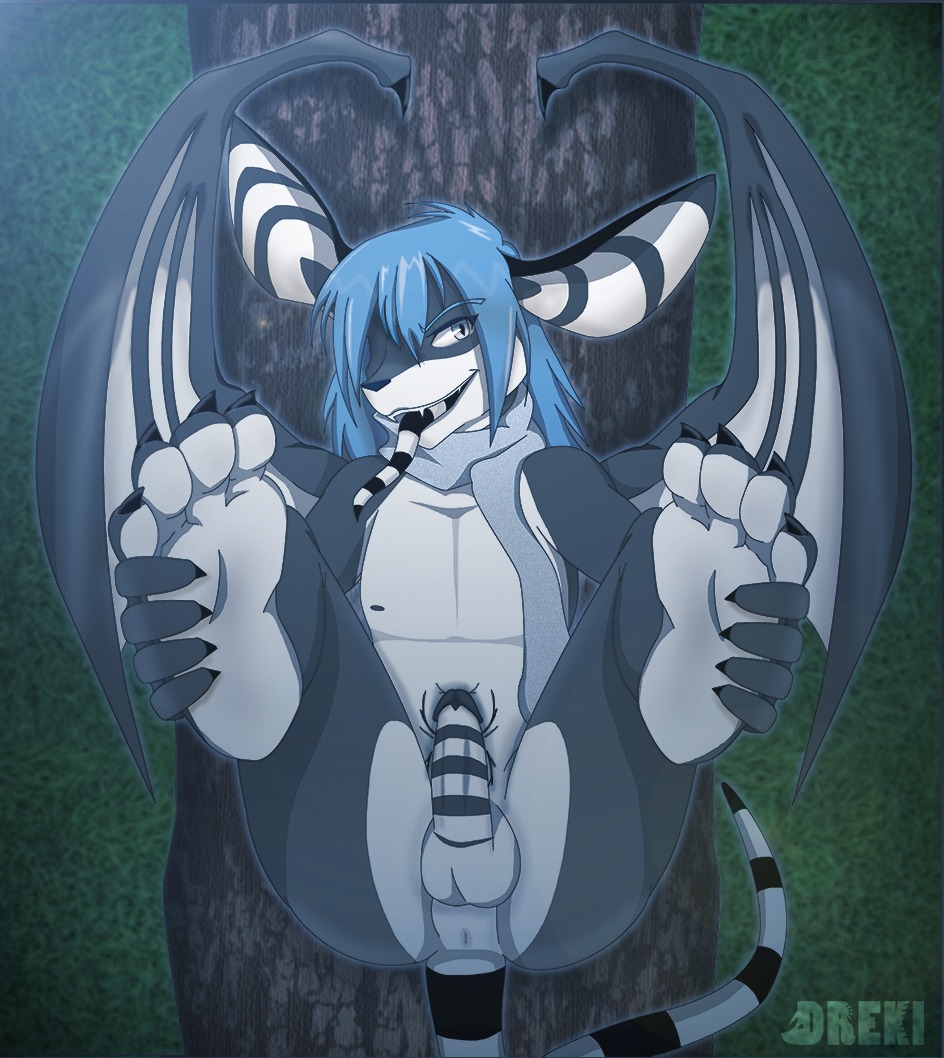 4_toes anthro anus balls bat biped blue_eyes cenotaph claws drekinity e621 erection feet foot_focus genitals hindpaw male mammal membrane_(anatomy) membranous_wings nipples nude paws penis plant plantigrade presenting scarf soles solo striped_genitalia striped_penis striped_tongue stripes toe_claws toes tongue tongue_out tree wings